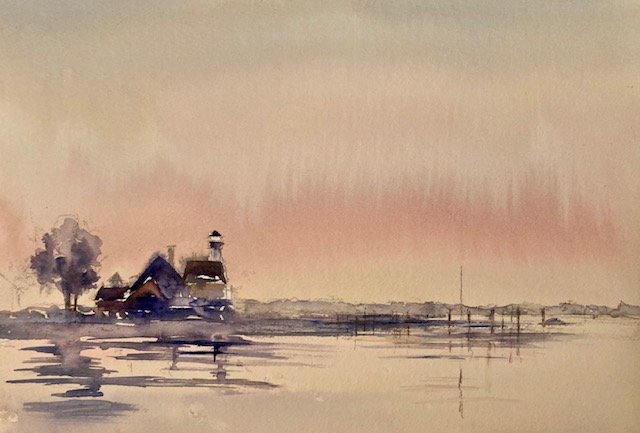 SOLD- Morgan Point Morning, Watercolor, class demo,  11 X 14", $175