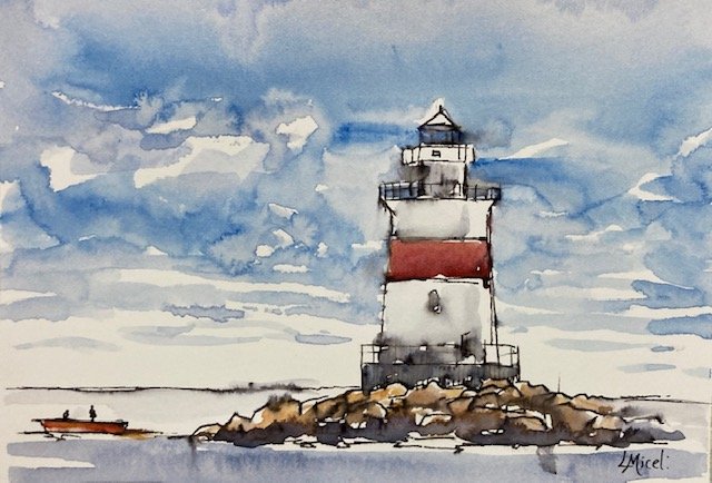 Pen and Ink with Watercolor - Line and Wash Lighthouse Landscape