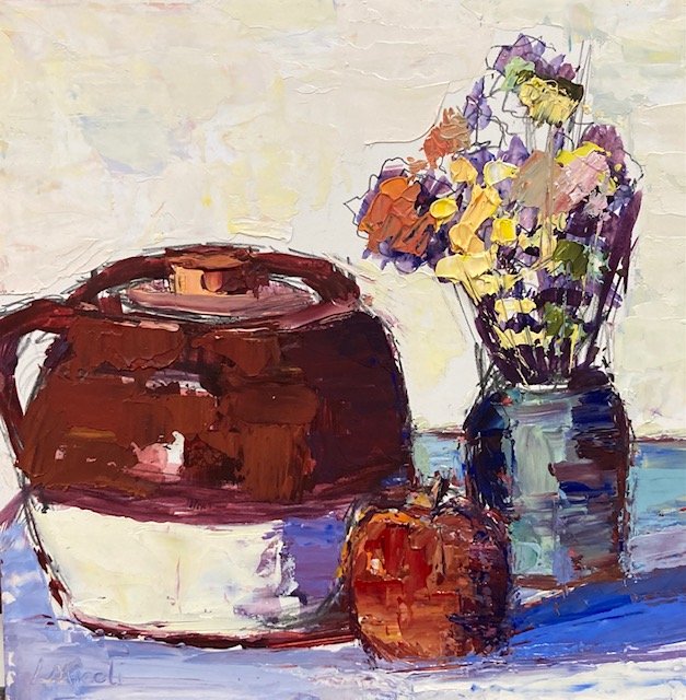 Bean Pot and Dried Flowers, Oil on gesso board, 6 X 6