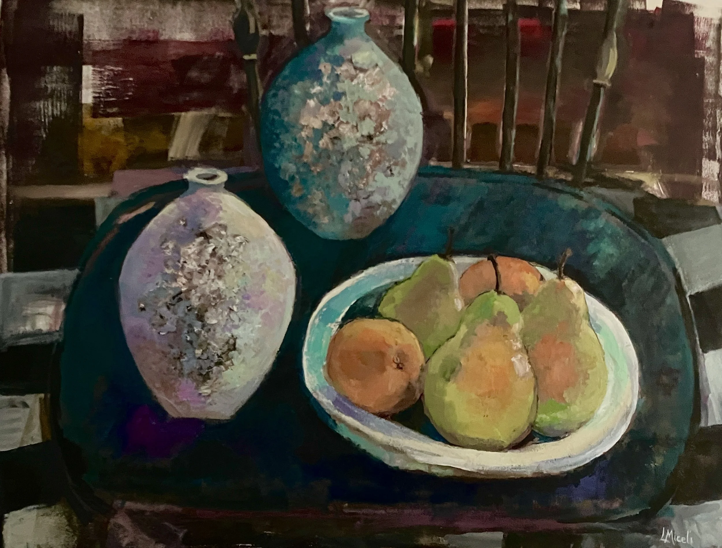 Fruit and Two Vases, 30 X 40" Acrylic on canvas