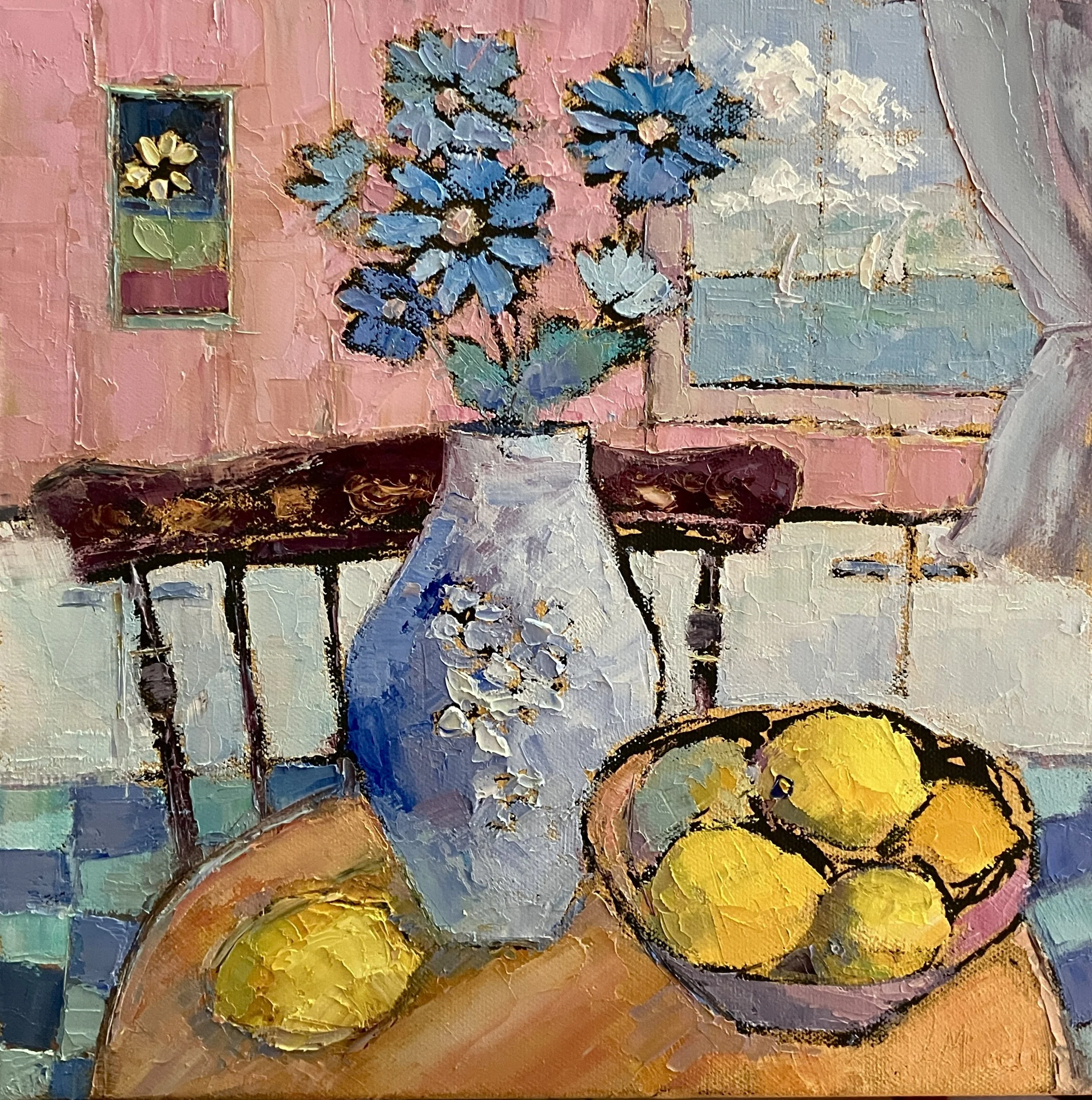 Blue Vase and Lemons, 12 X 12" oil on canvas