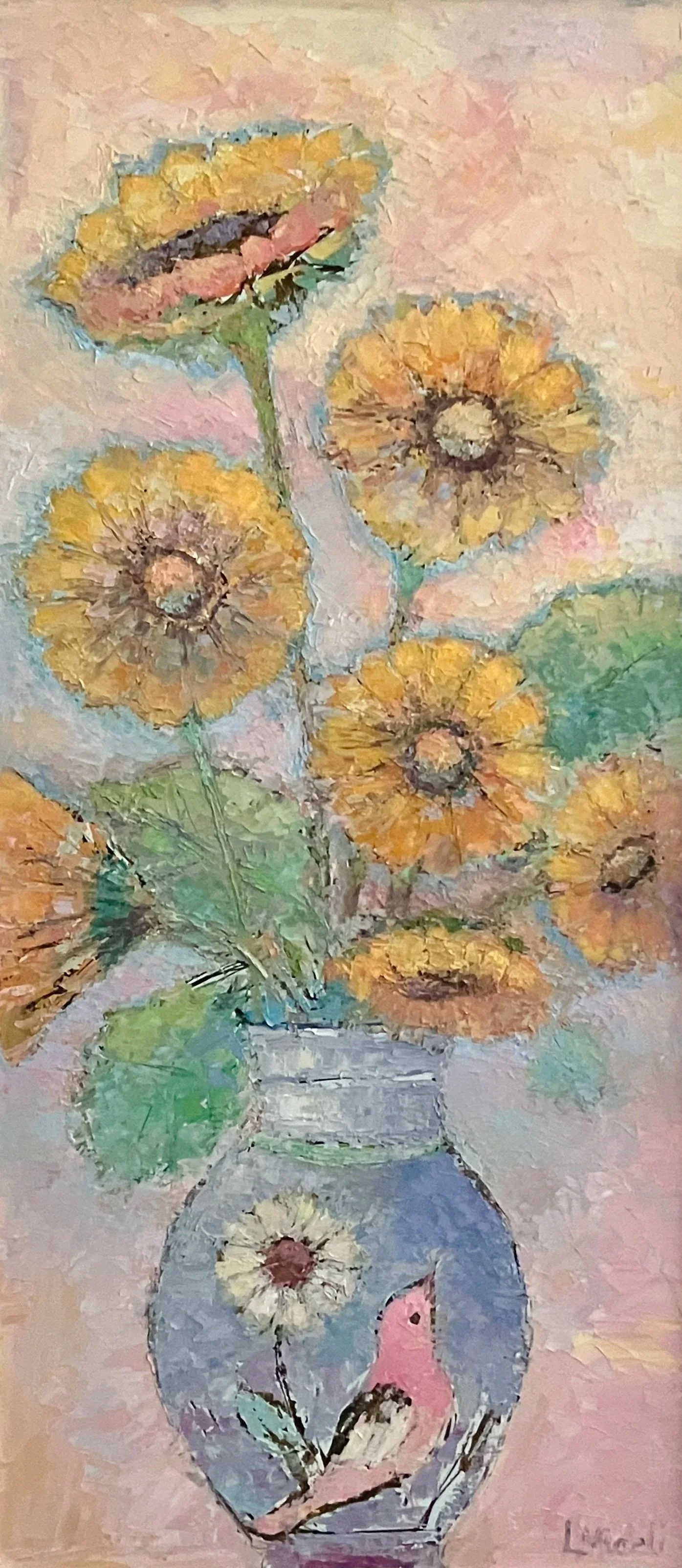SOLD at Sarah's Hope auction - Sunflowers and blue Vase, oil on board