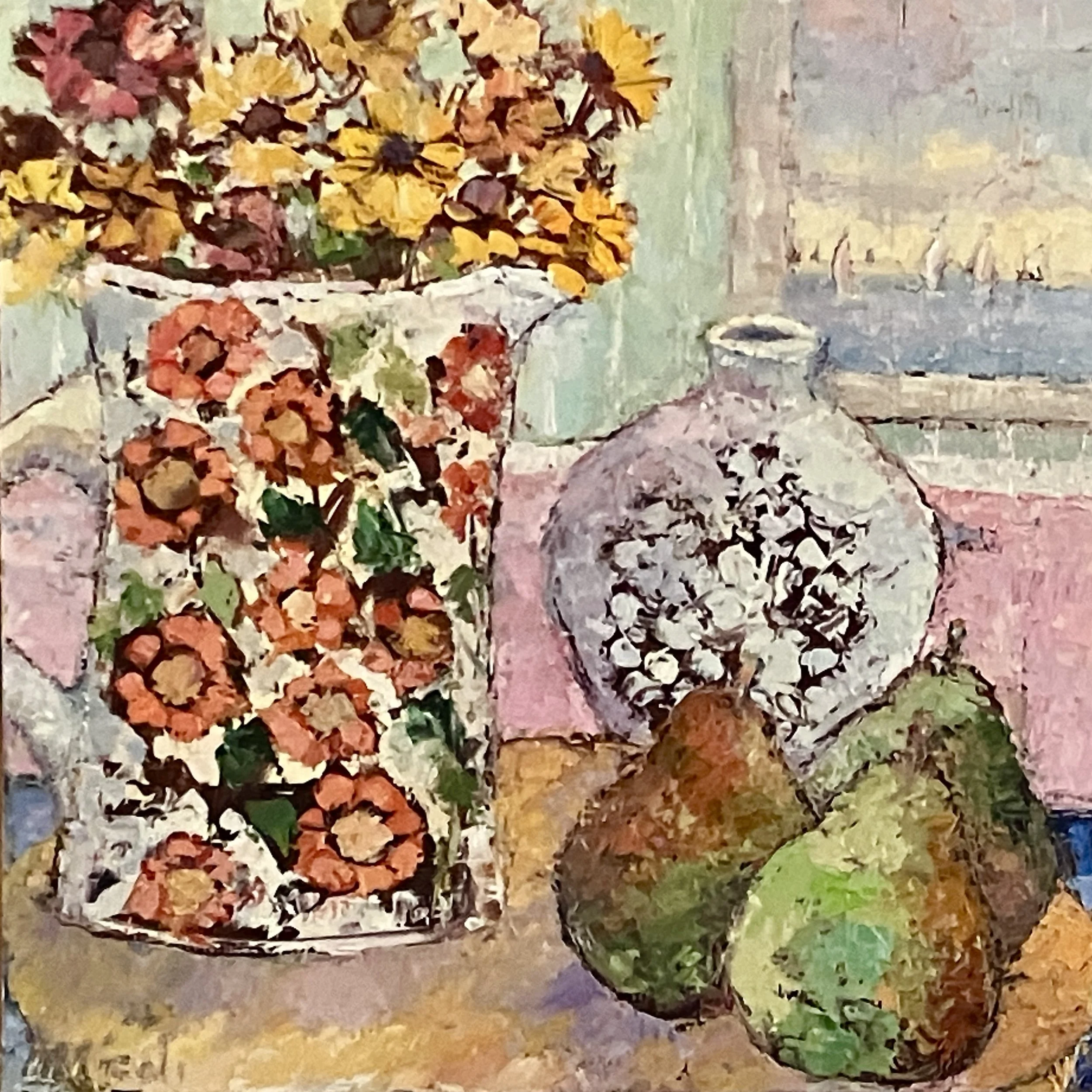 SOLD - Pears and Daisies, 10X10" oil on board