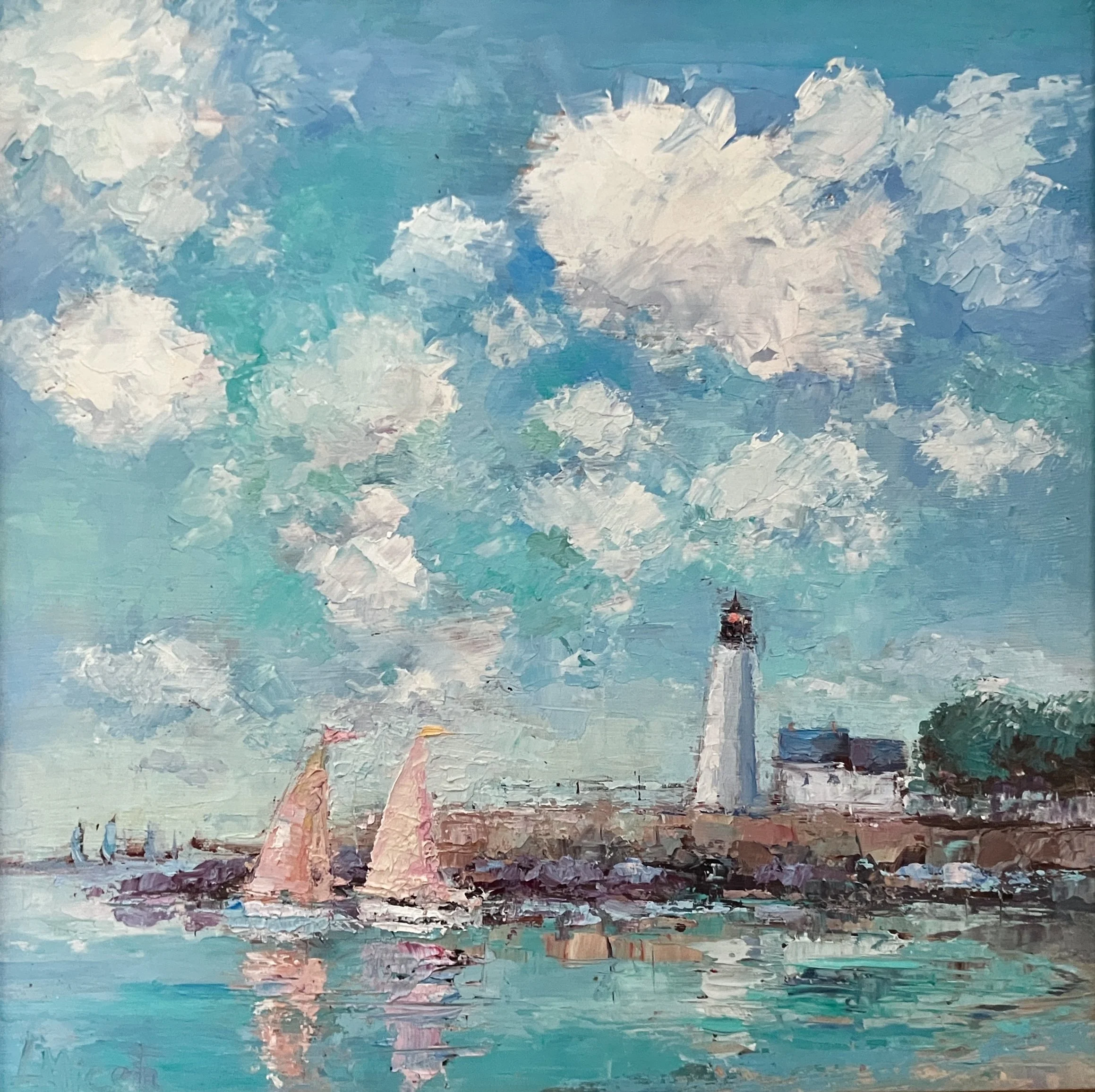 Sailing by the light, 10X10 oil on board