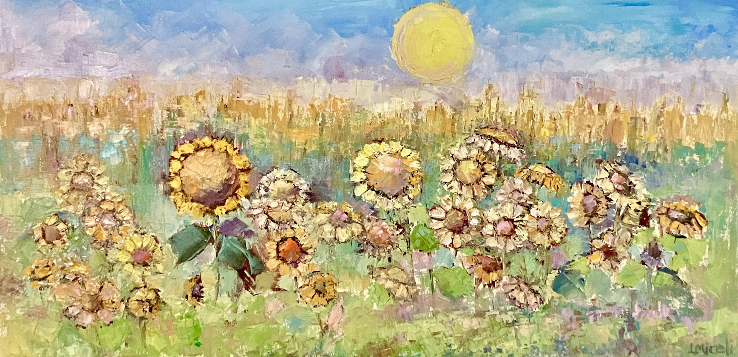 Sunflower Field Stone Acres Farm, Plein air, 15 X 30, oil on canvas