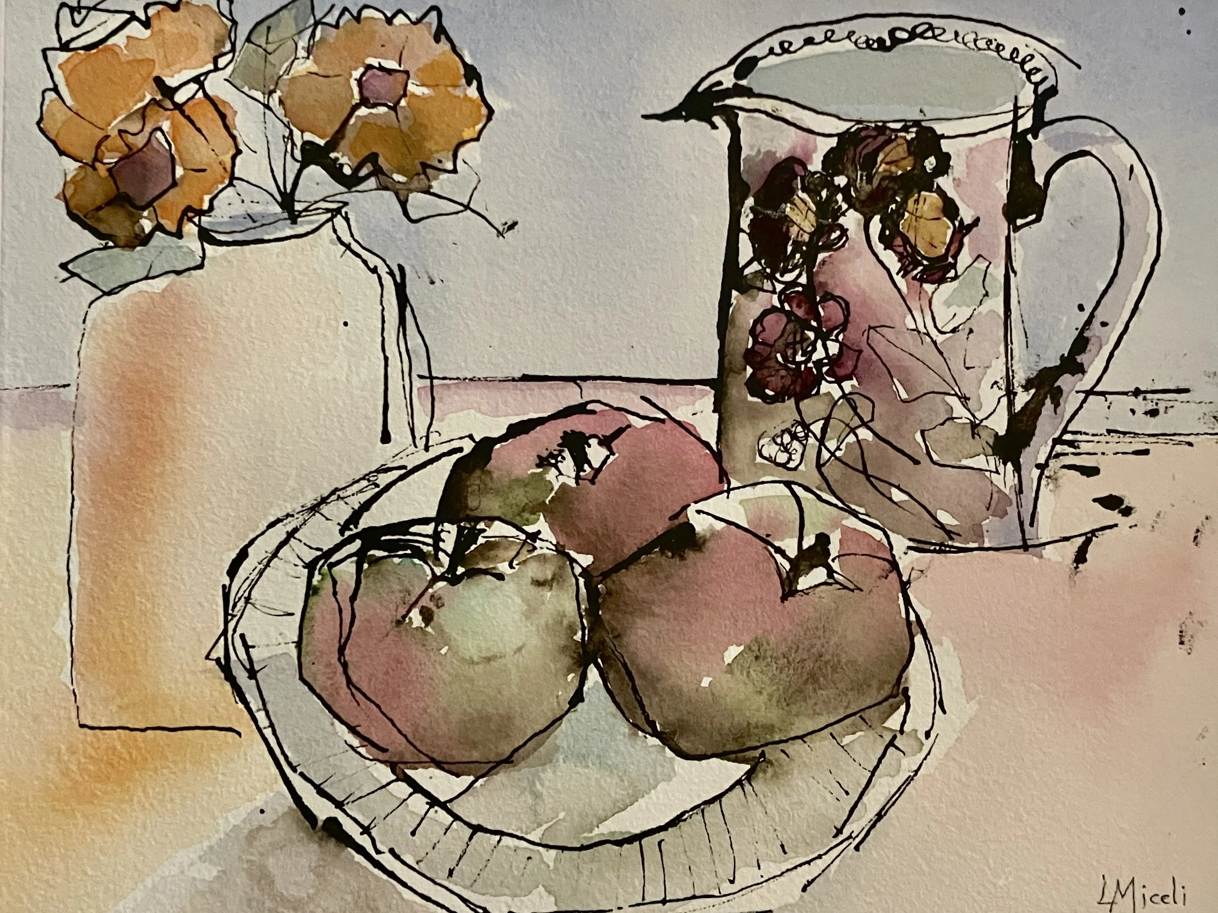 Study of 3 Apples and water pitcher, 8 X10" ink and watercolor