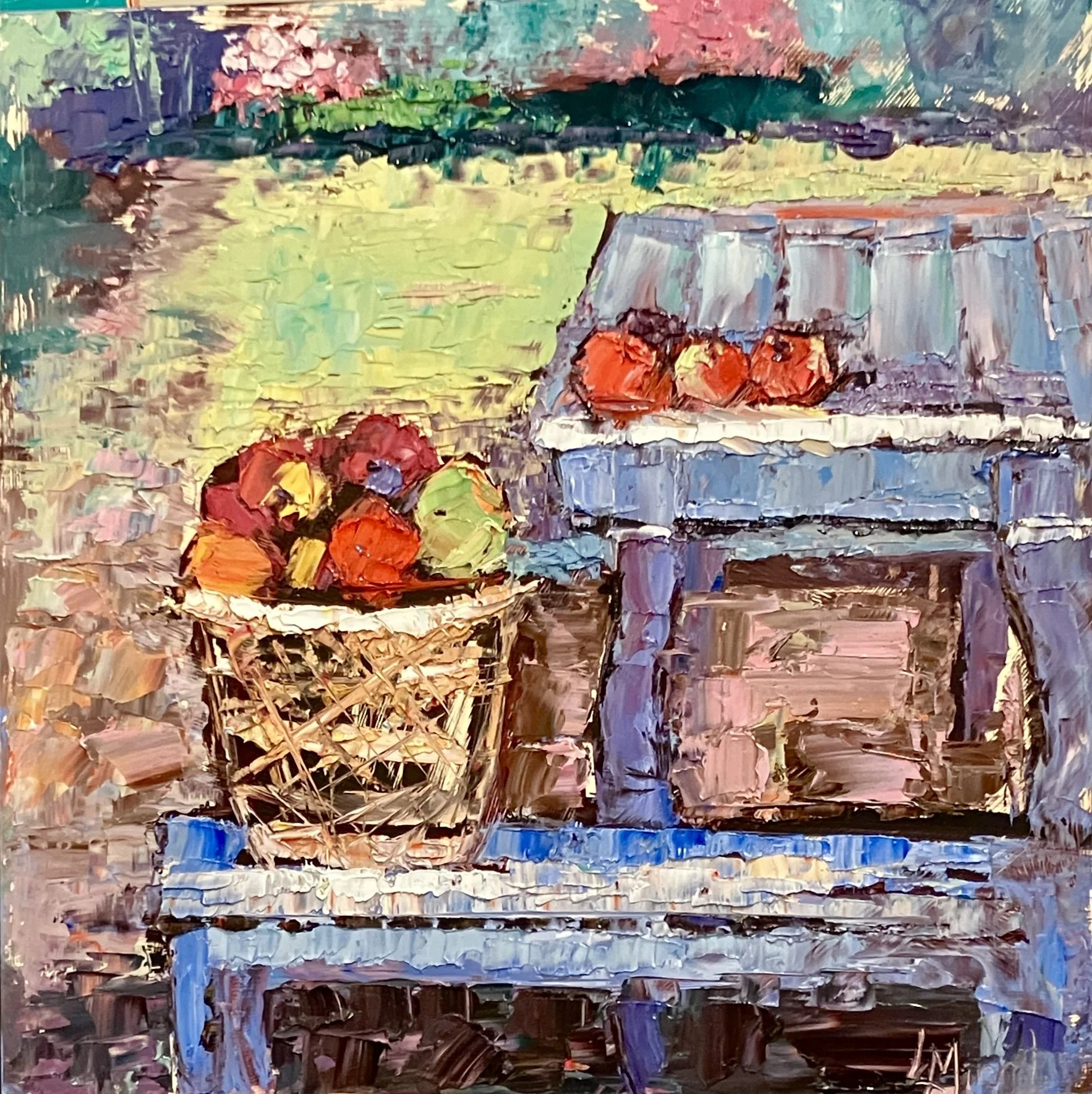 SOLD - Basket of Apples, Flo Gris, plein air, 12 X 12"