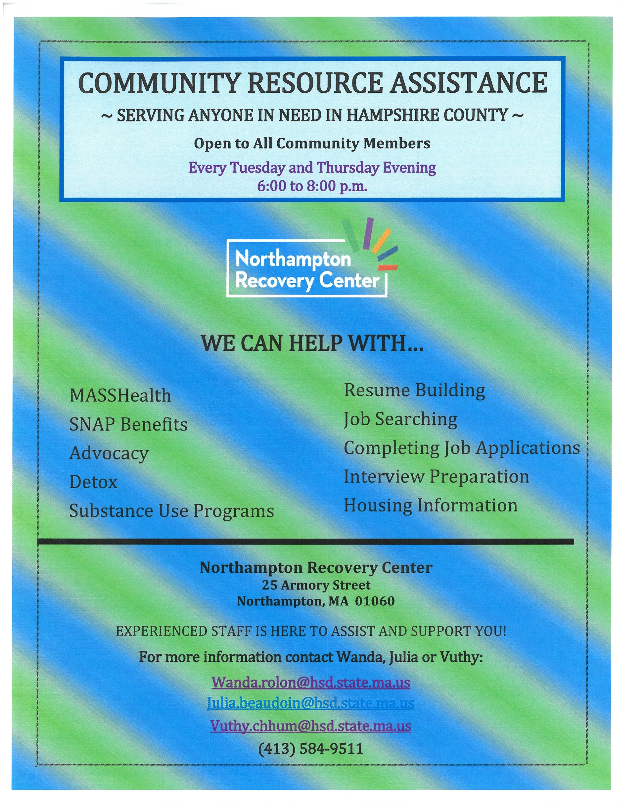Need Help? Community Resource Assistance Tuesdays &amp; Thursdays 6pm-8pm