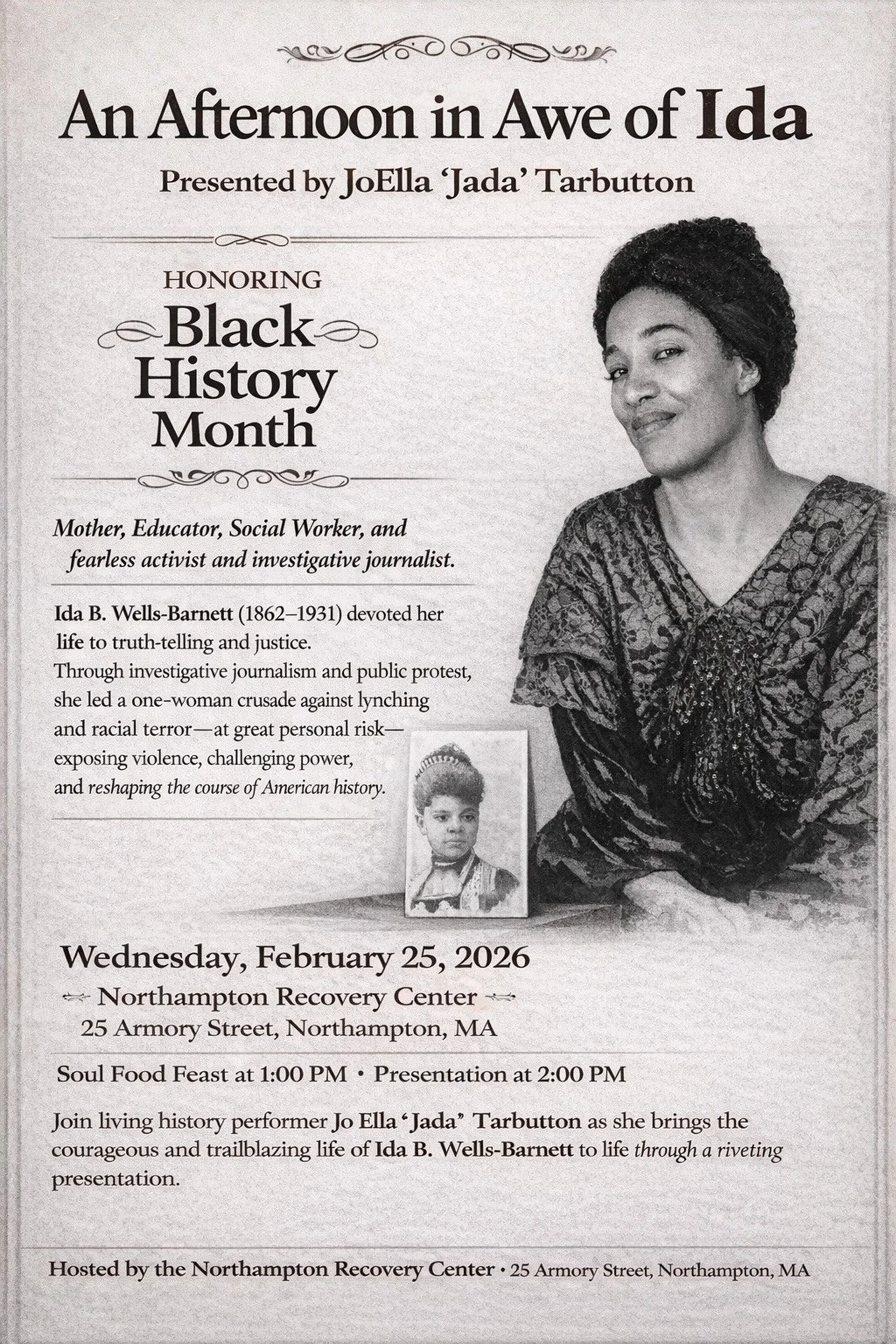 Join us this Wednesday afternoon as living history performer, and our good friend, Jada brings the courageous & trailblazing life of Ida B. Wells to life through a riveting performance. Learn about the fearless journalist who led a