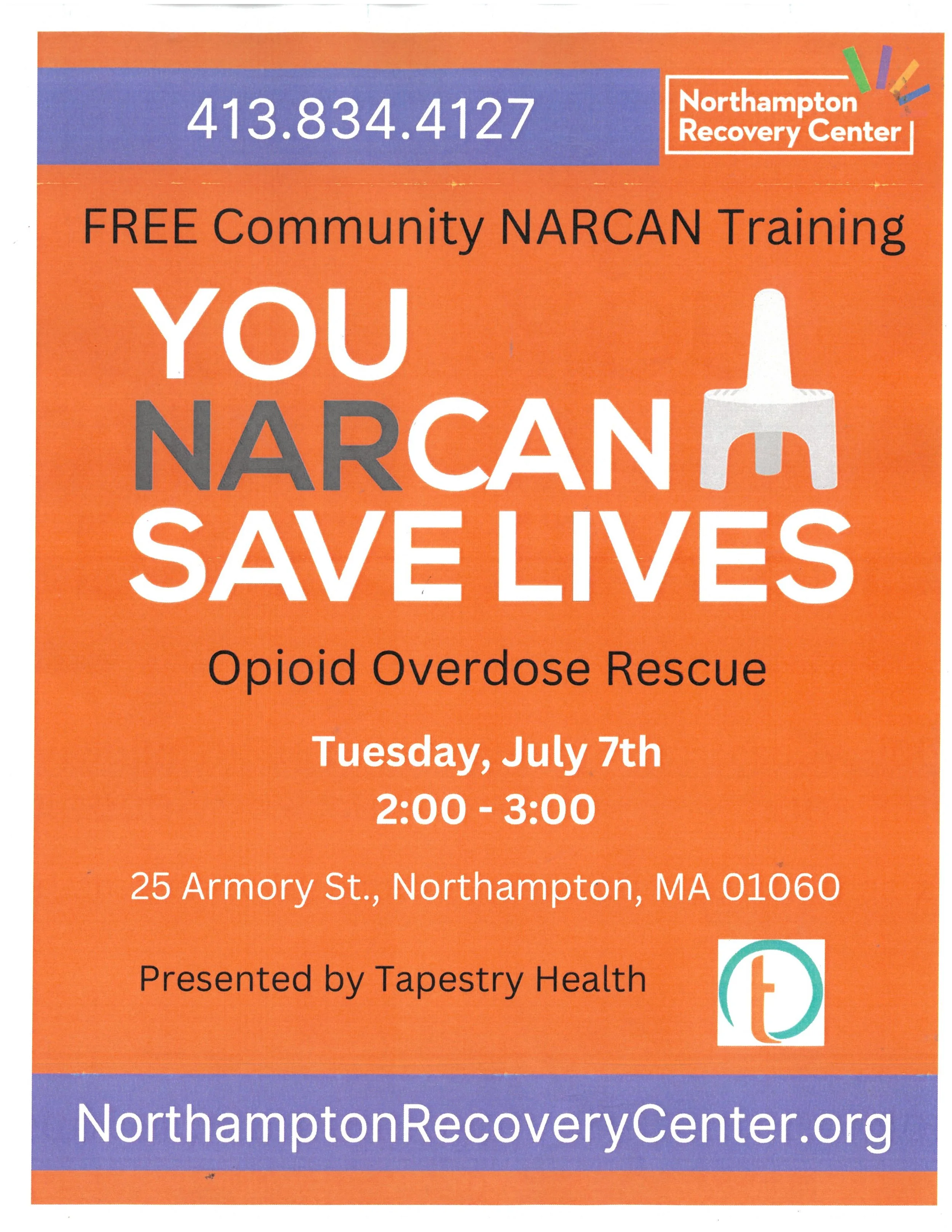 Free Community Narcan Training by Tapestry Health at the NRC 7/7 2pm-3pm