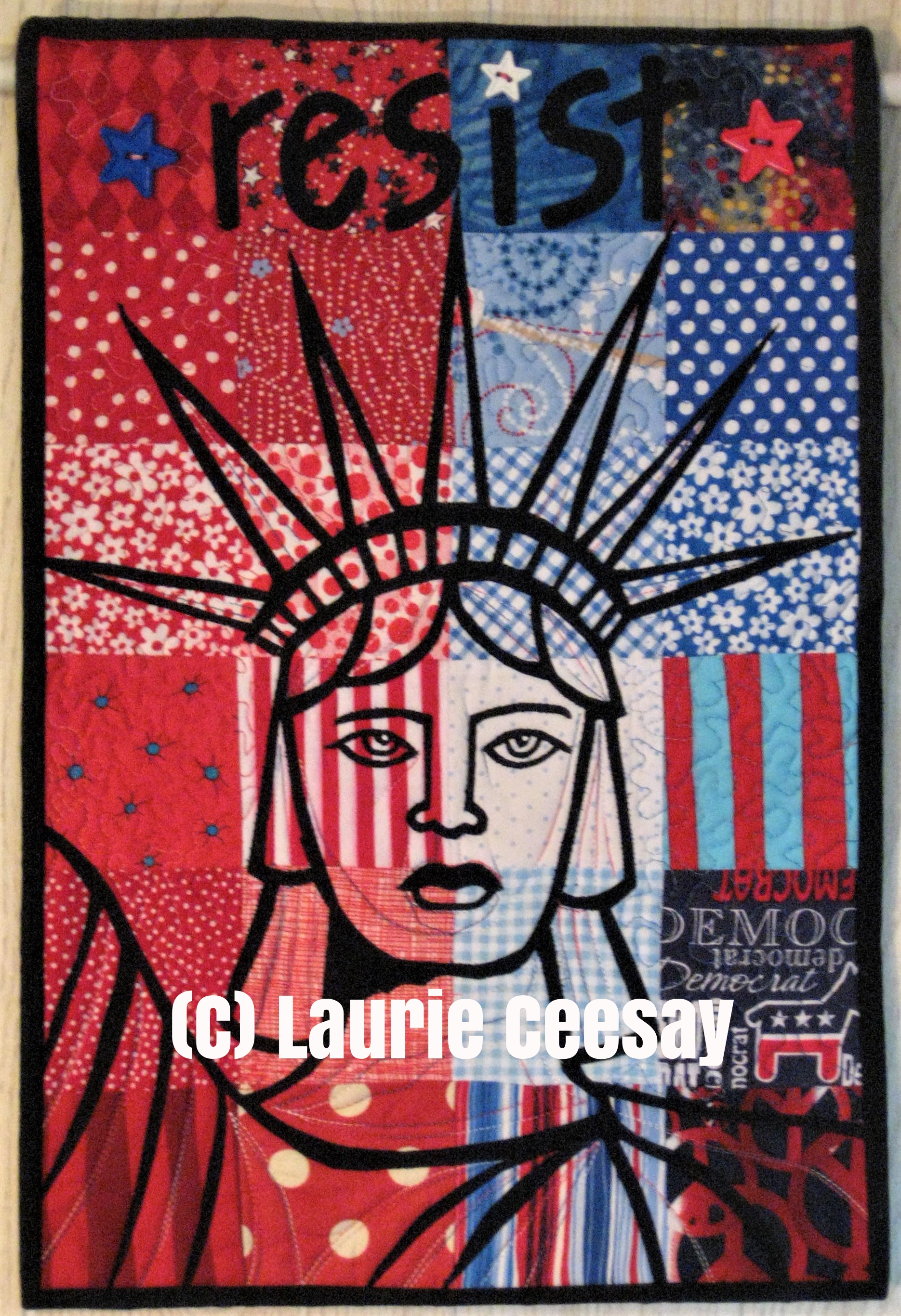 This the latest quilt in this theme which I used in my Facebook art quilt group for the Communication Challenge. I used up most of my awesome patriotic fabric and will have to go shopping for more!!