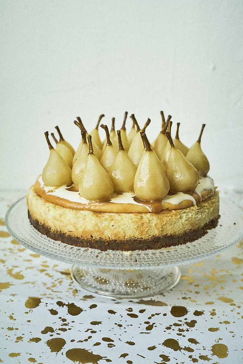 Cardamom tonka bean cheesecake with caramelised pears