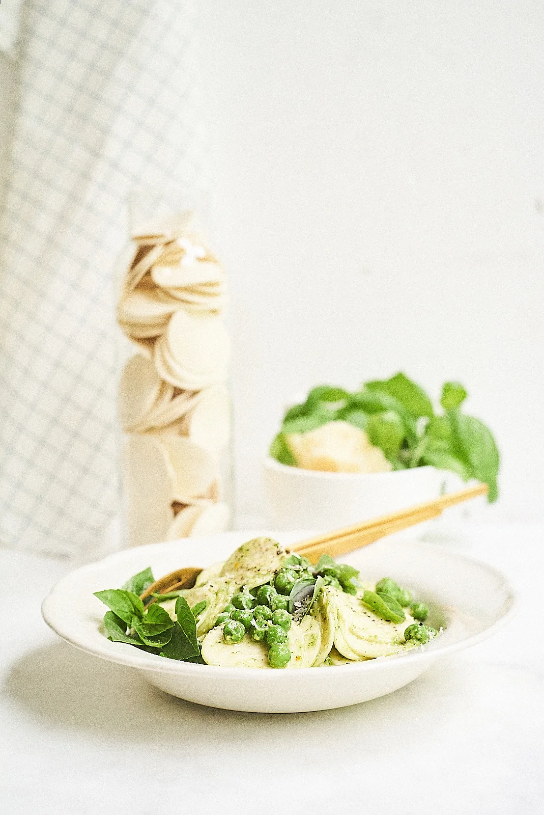 Walnut pesto croxetti with peas