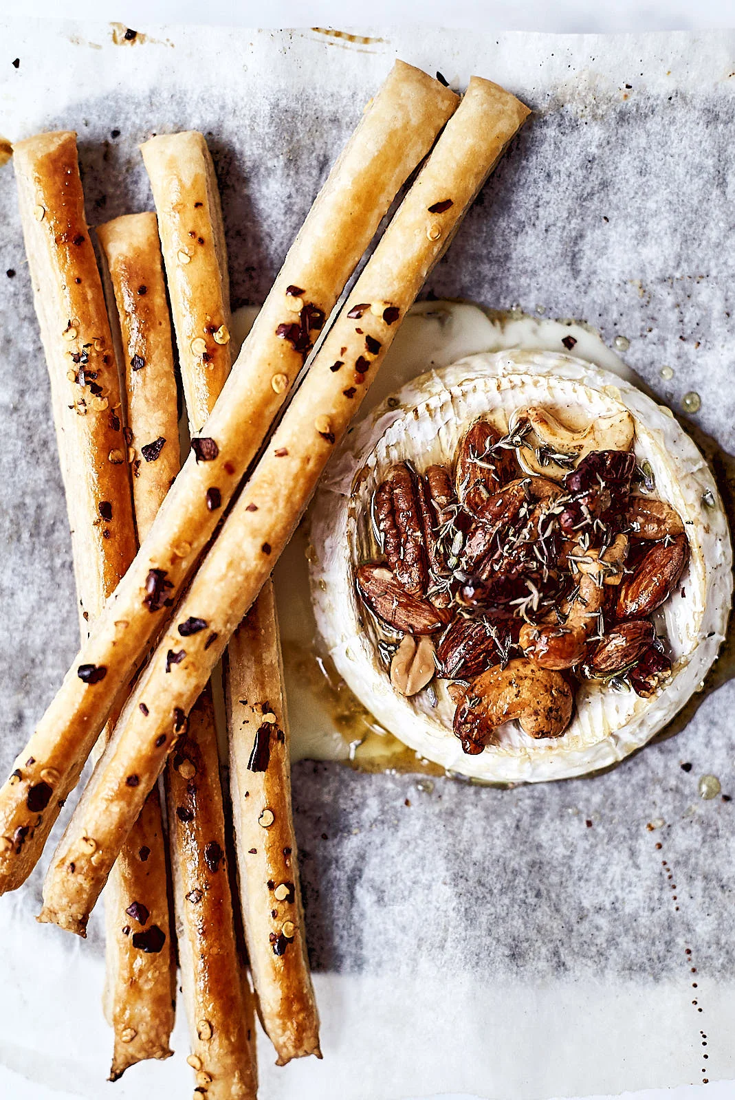 baked honey camembert with bread sticks