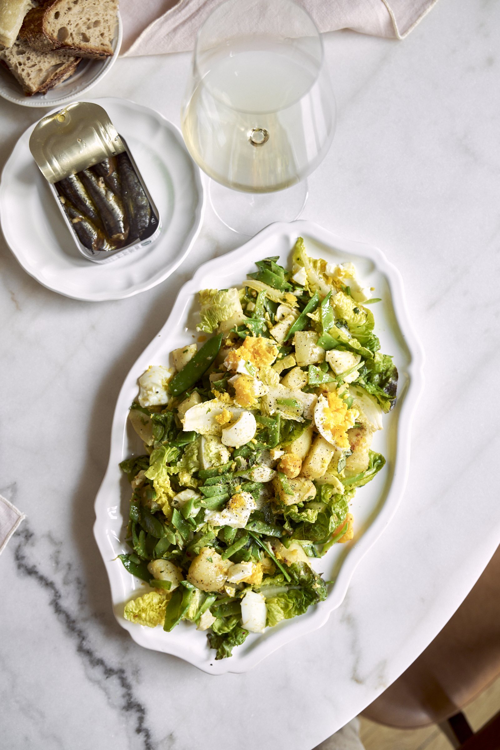Sugar snap pea, potato, and sardine salad