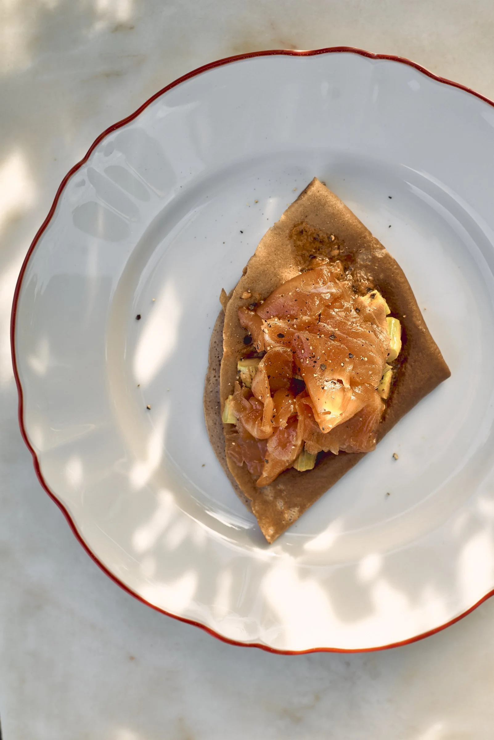 Chestnut pancakes with salmon