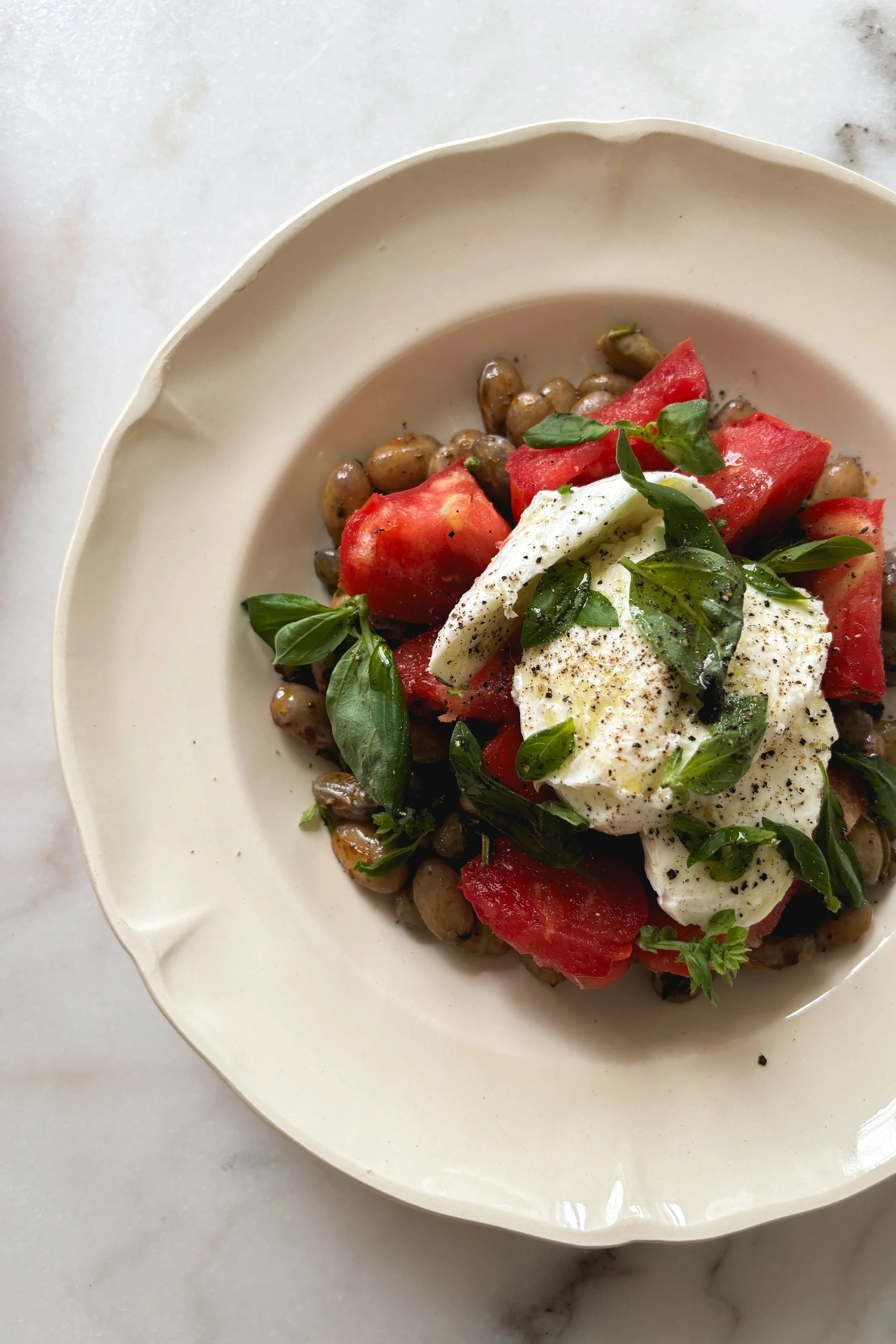 Dinner for 1. Borlotti beans, tomatoes and mozarella