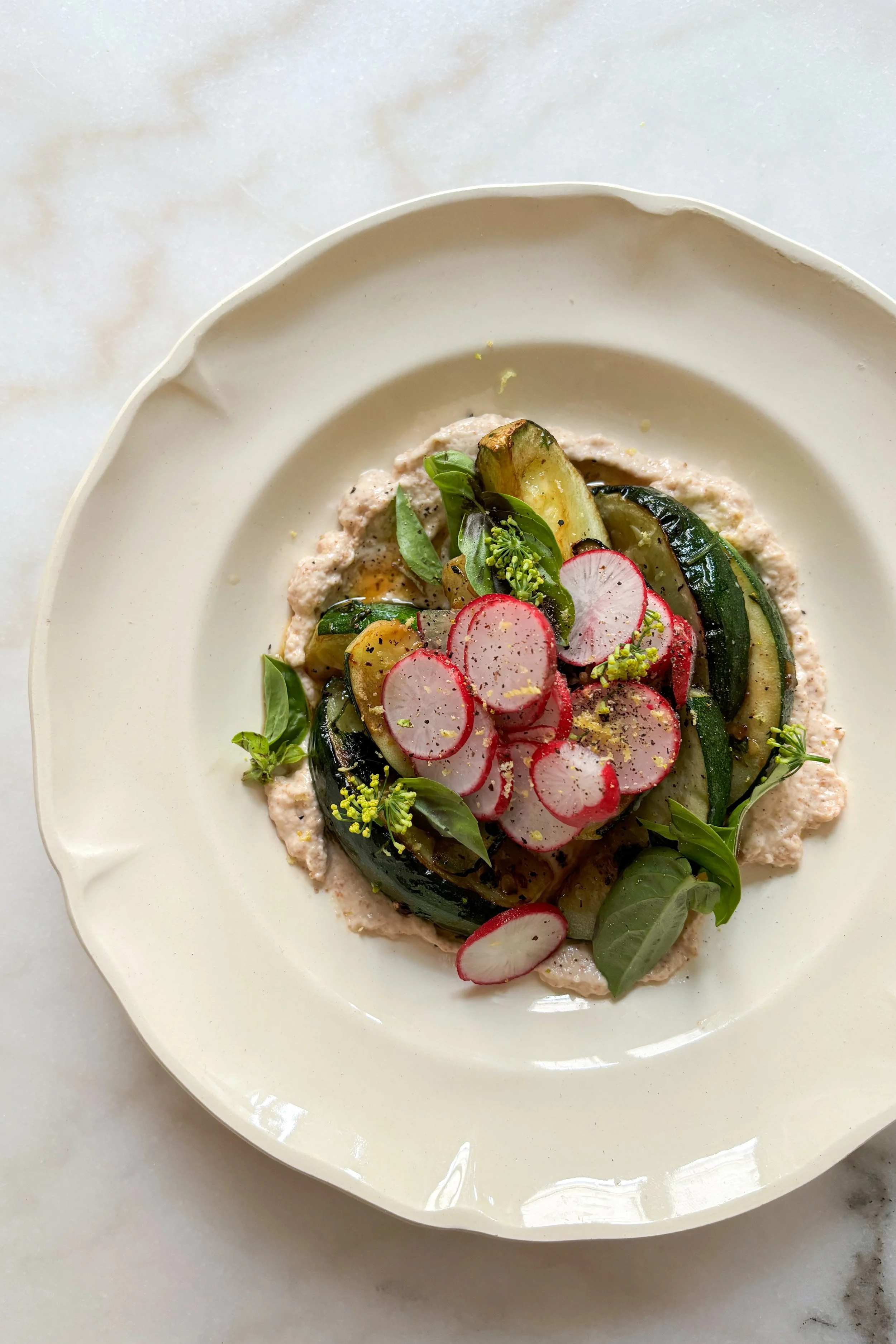 dinner for 1. radishes, courgettes and taramasalata