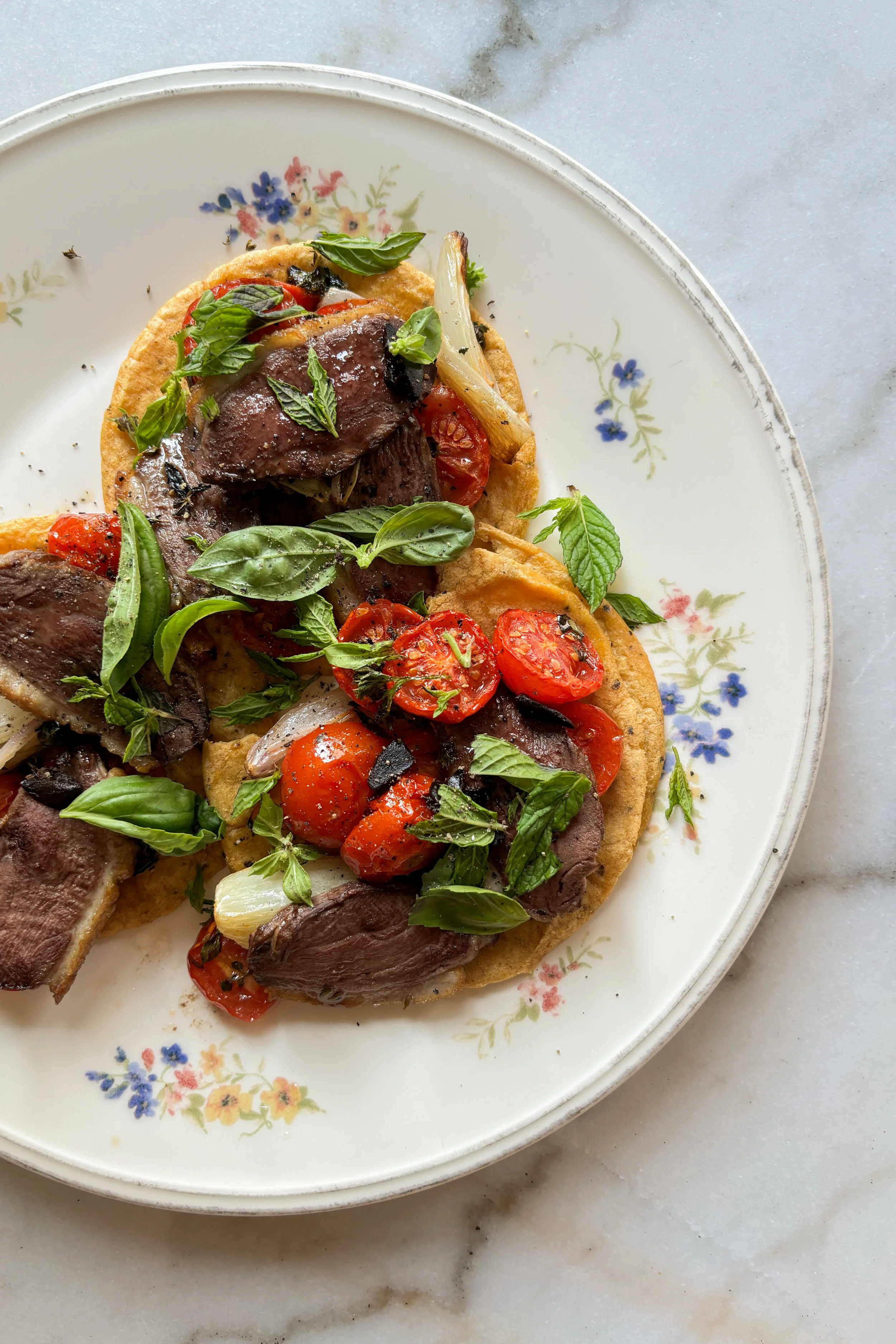 Dinner for 1. Tortillas with tomato, apricot and duck. 
