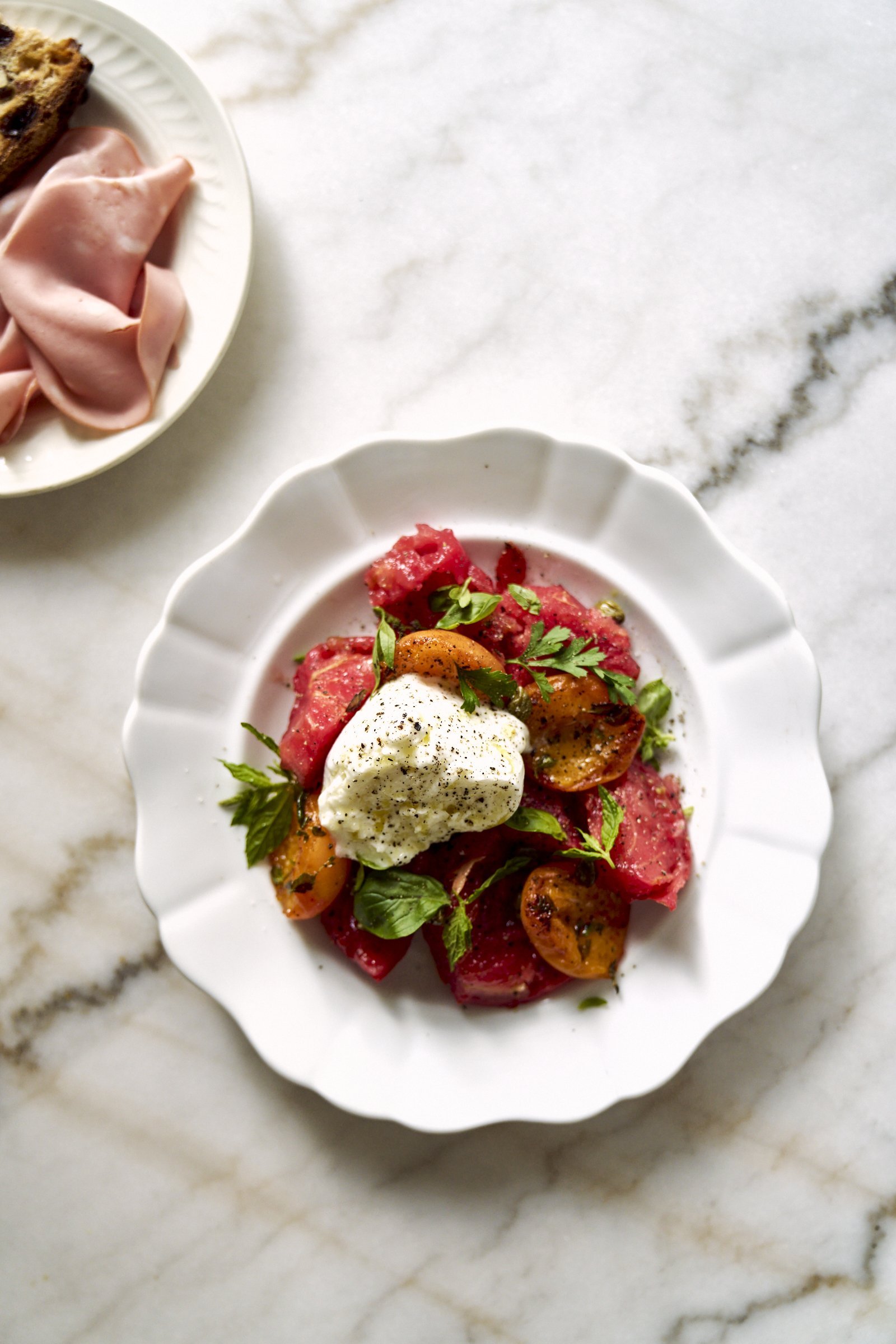 Dinner for 1. Tomatoes with roasted apricots and mozzarella