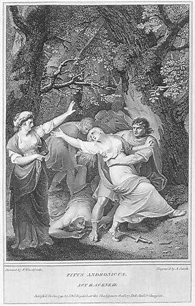 Act II, Scene 3: Tamora's cruelty to Lavinia by Samuel Woodforde in 1792.