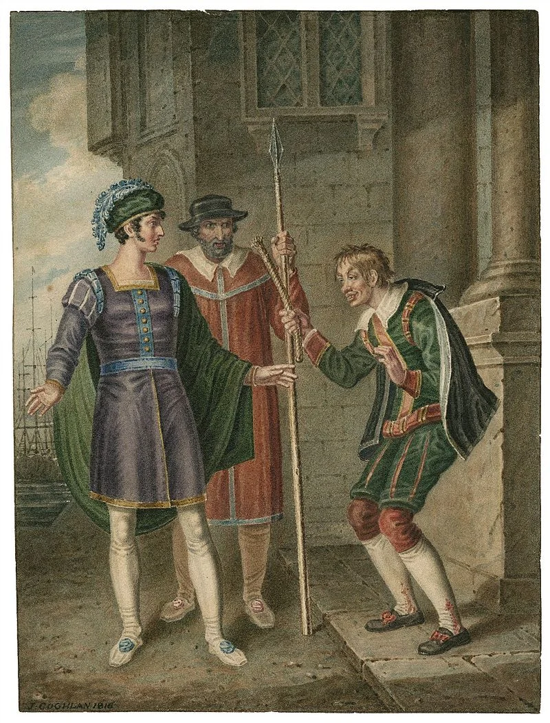 Act IV, Scene i: Antipholus of Ephesus, an officer, and Dromio of Ephesus; an English watercolor from 1816
