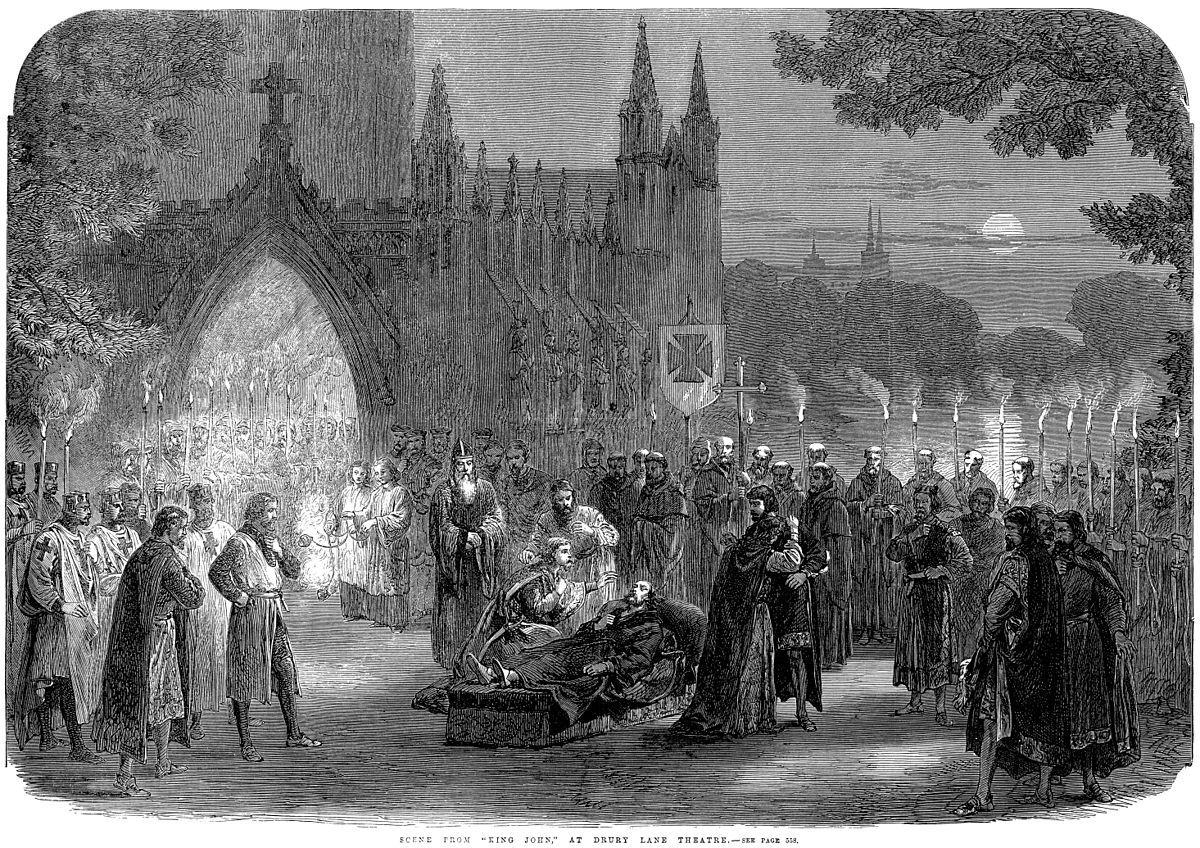 Scene from "KING JOHN" at Drury-Lane Theatre , as published in The Illustrated London News on December 9, 1865.