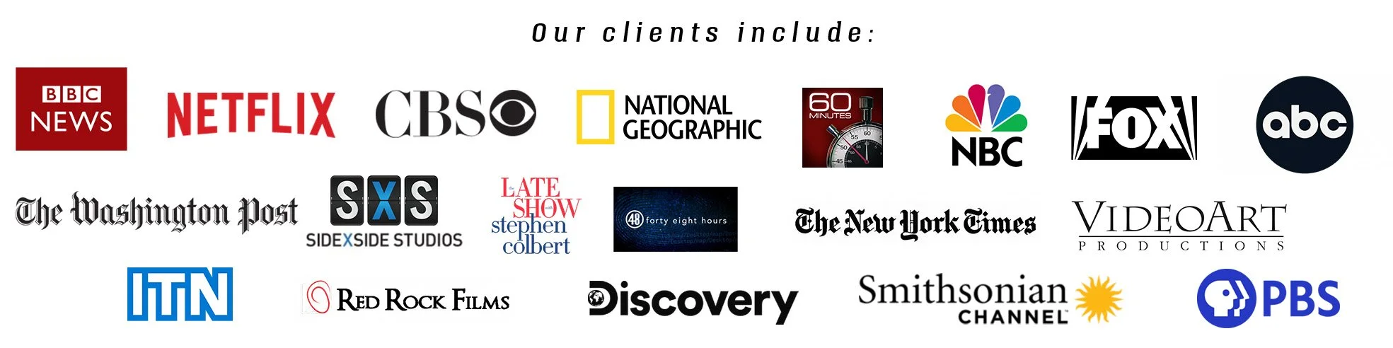 Logos of various media and news organizations, including BBC News, Netflix, CBS, National Geographic, 60 Minutes, NBC, FOX, ABC, The Washington Post, SXMS, Stephen Colbert's Late Show, forty eight hours, The New York Times, VideoArt Productions, ITN, Red Rock Films, Discovery, Smithsonian Channel, and PBS.