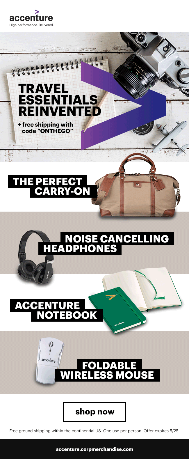  Monthly eComm offering free shipping and promoting travel essentials.  Design by me; copy by marketing. 