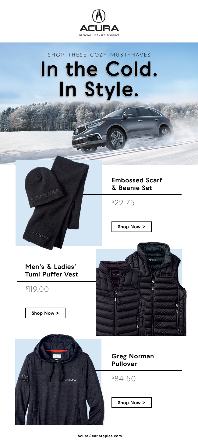  Monthly eComm focused on winter apparel.  Design by me; copy by marketing. 