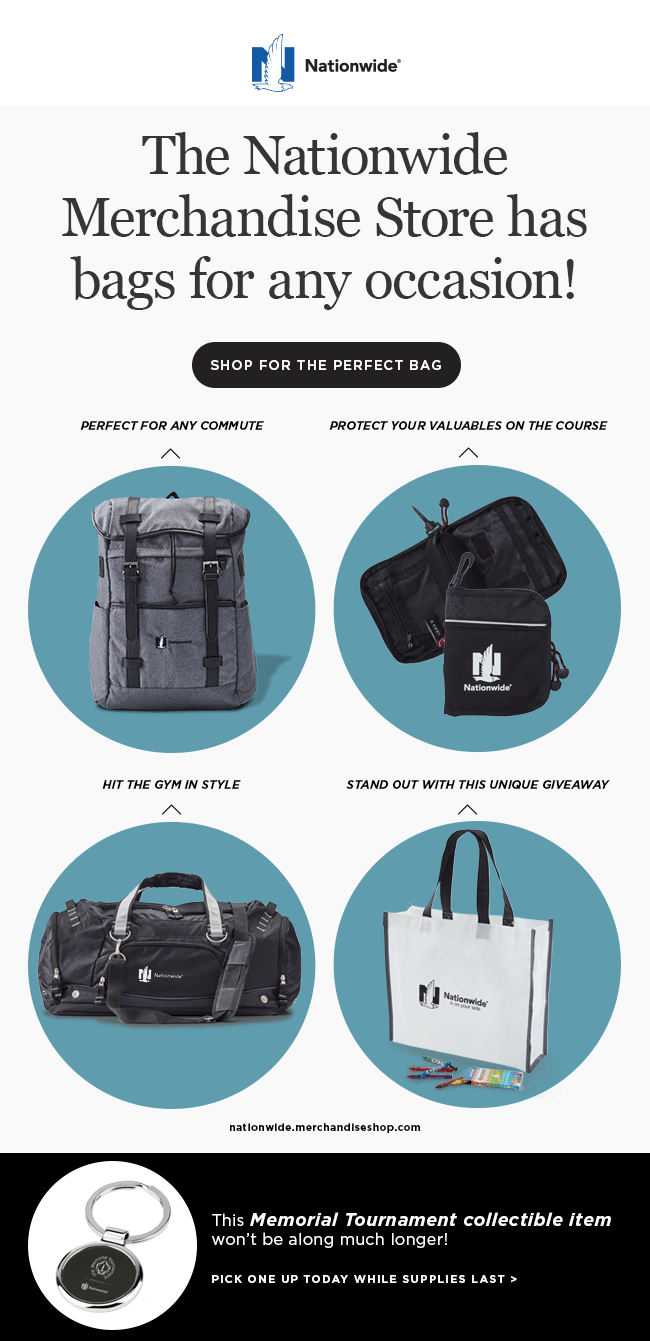  Monthly eComm promoting different Nationwide bag options for different occasions.  Design by me; copy by marketing. 