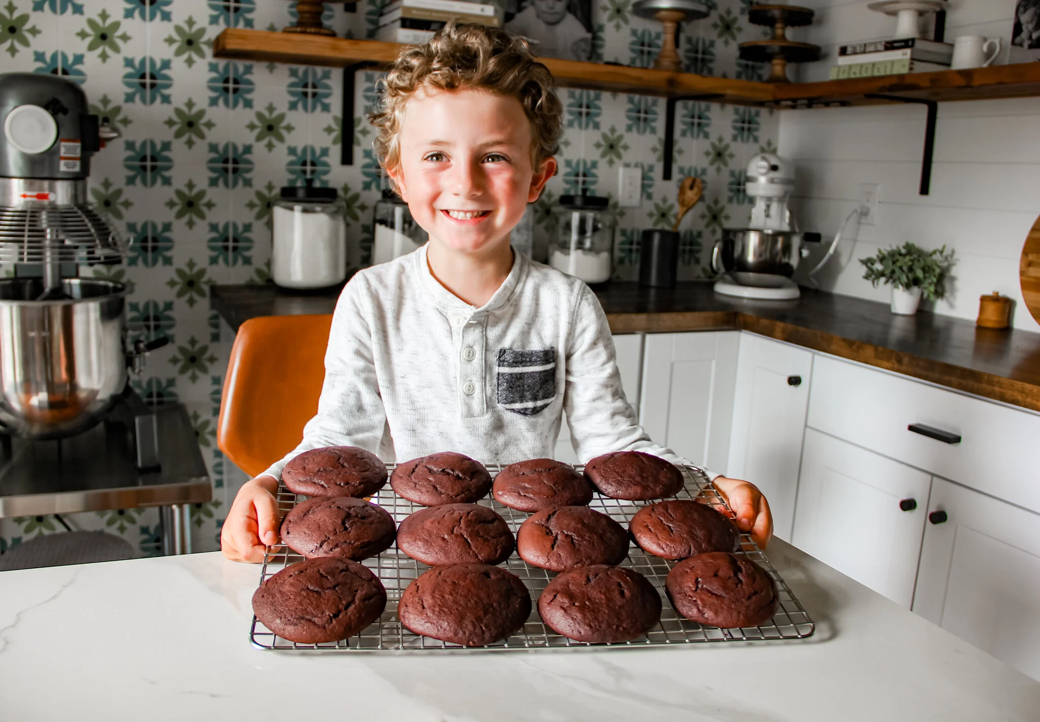 Soren with a fresh tray of Whoopie Pies.