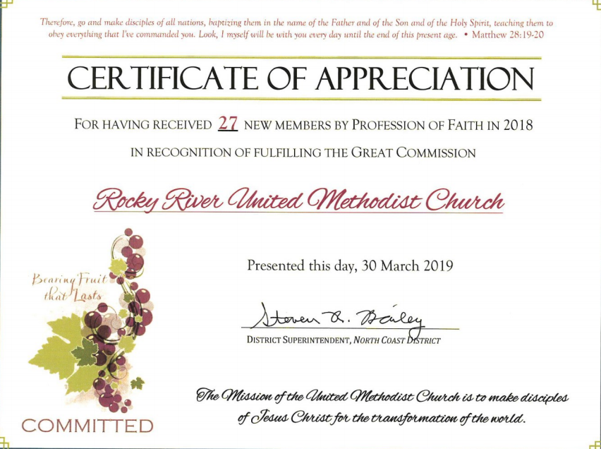 Certificate of Appreciation for receiving 27 new members by profession of faith in 2018.