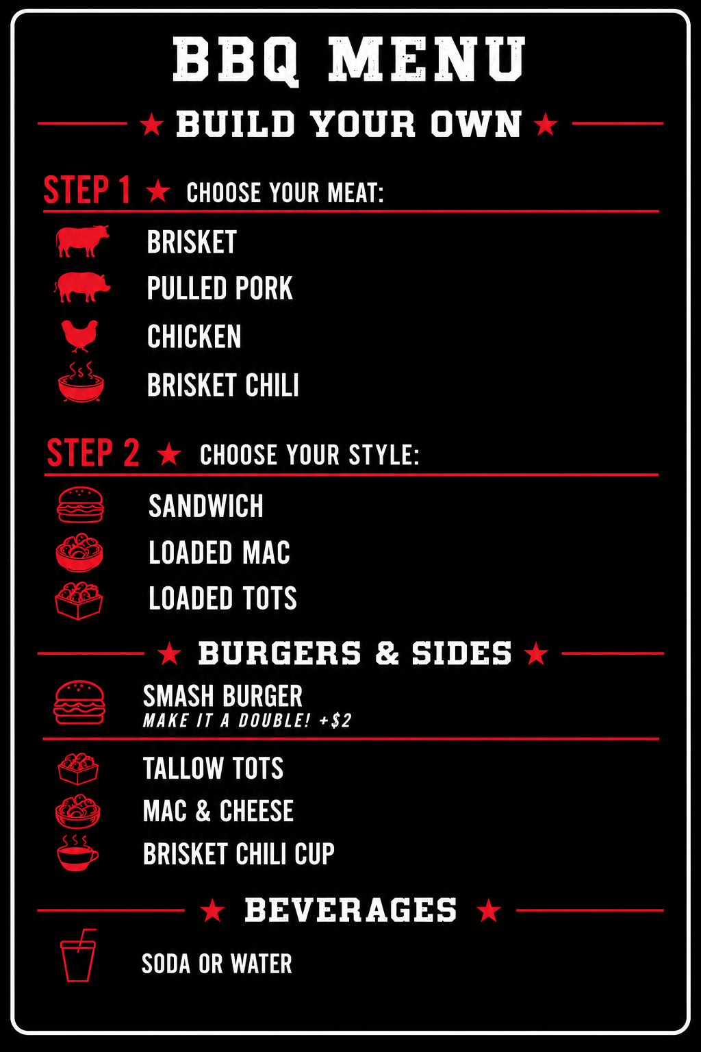 Barbacoa Boyz food truck menu with brisket, pulled pork, chicken, loaded mac, loaded tots, smashburgers and tallow-fried tots available across Tampa Bay, FL