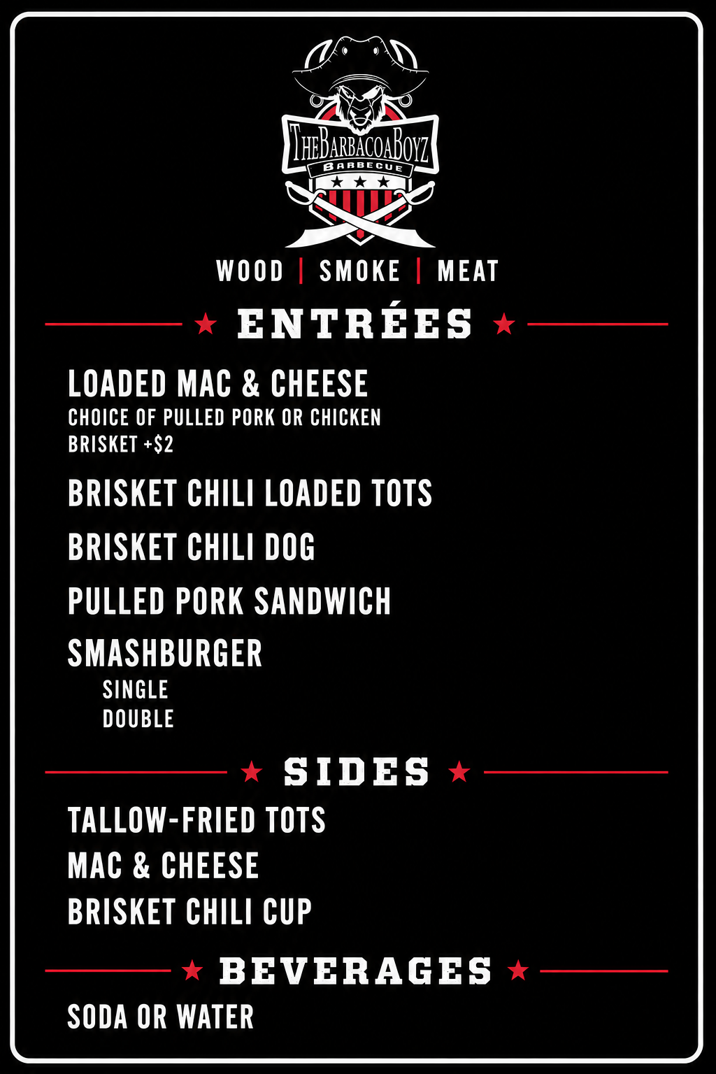 The Barbacoa Boyz BBQ food truck menu featuring smash burgers, pulled pork, brisket, chili, mac and cheese and tallow-fried tots