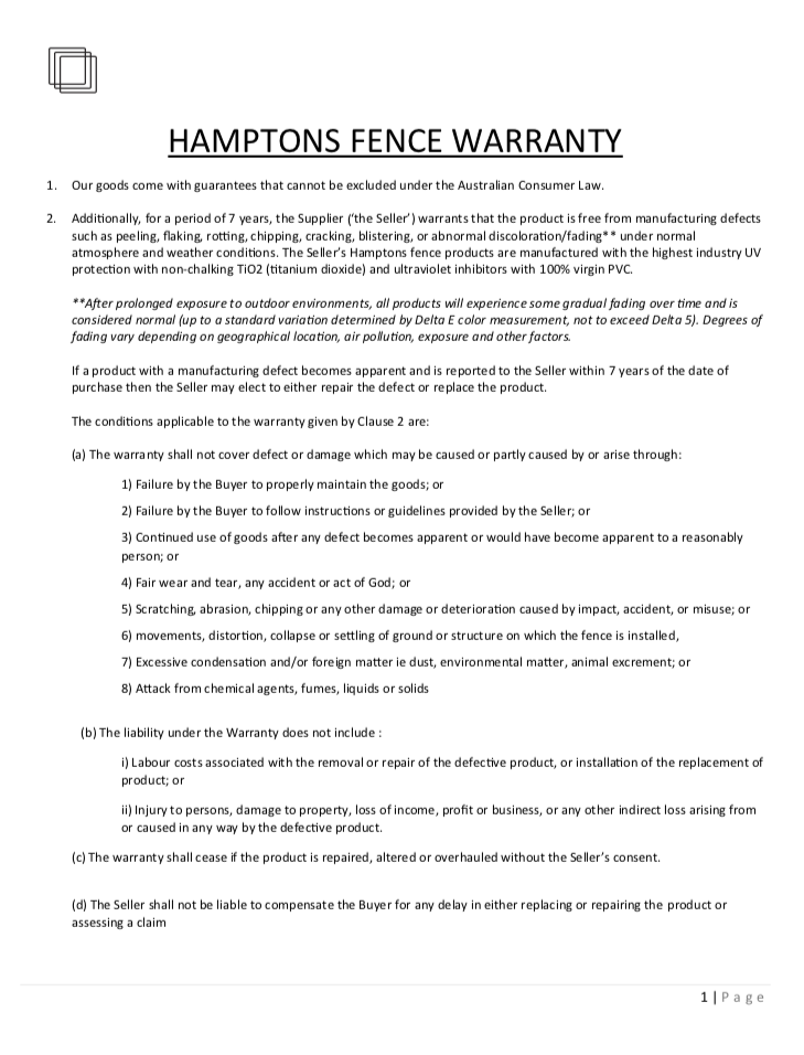 Hamptons Fencing - WarrantyClick here to view