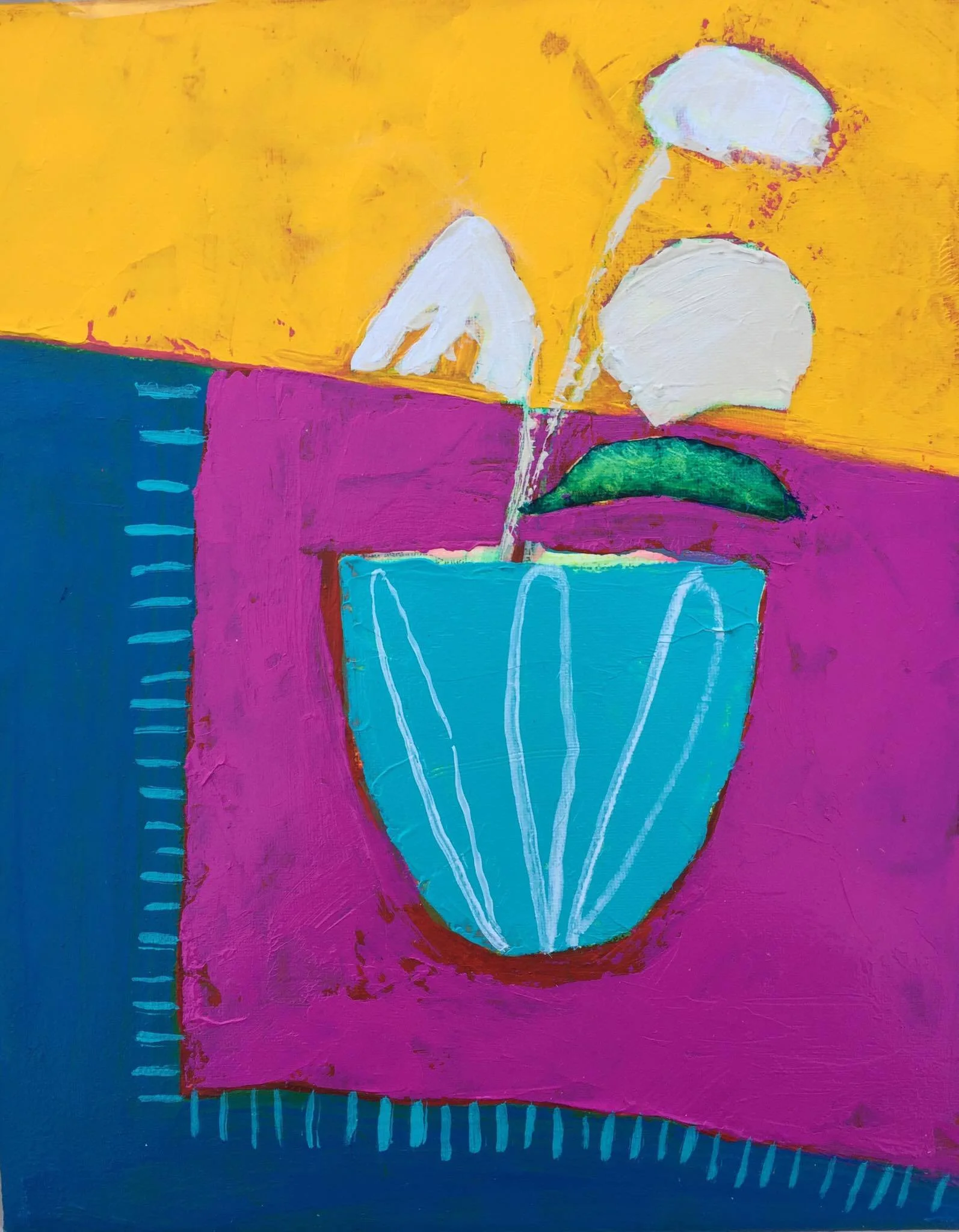 Teal pot on fuschia table.jpg