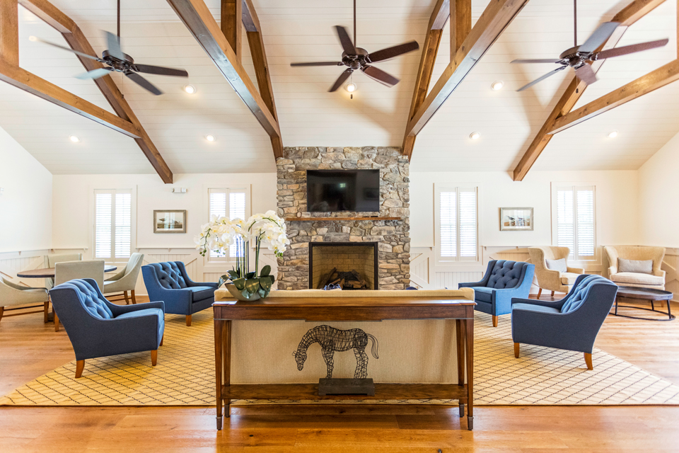 Clubhouse Beams &amp; Stone Fireplace