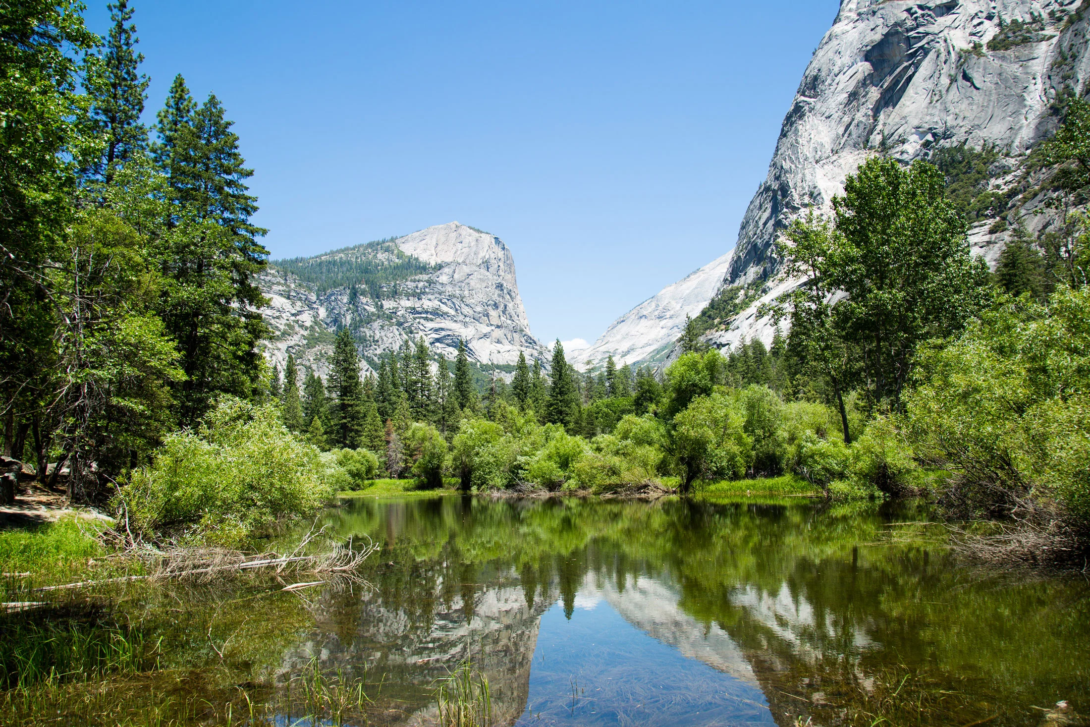 Scenic view of a mountain landscape in Yosemite National Park with a reflecting river in the foreground, lush green trees on both sides, and large granite cliffs under a clear blue sky. Photographed by Kayla Duffney Creative.