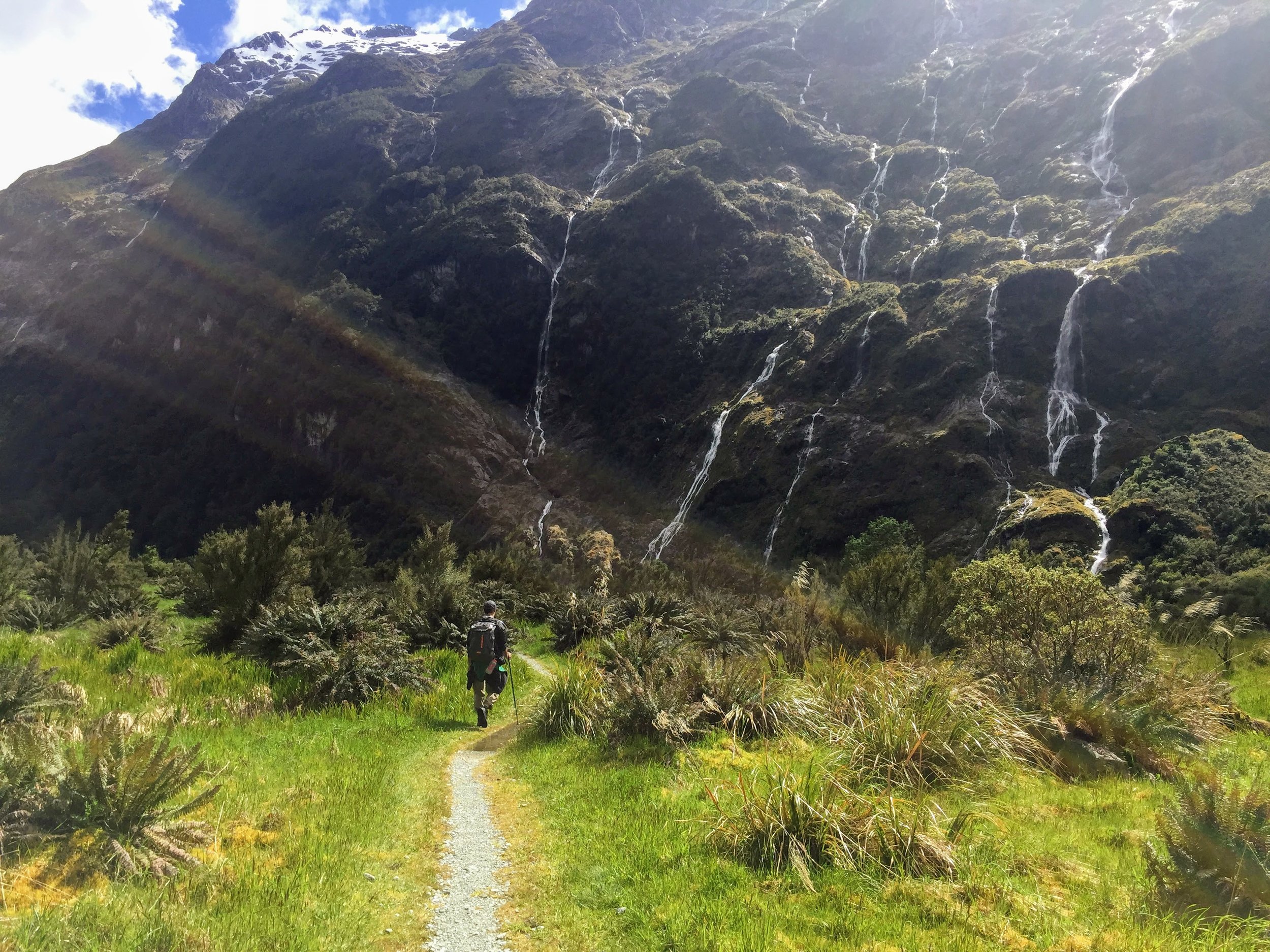 Day 2 of the hike, surrounded by waterfalls on both sides. 
