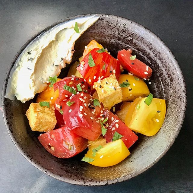 Heirloom tomatoes, hondashi fromage blanc, tofu croutons. #maraquitafarms#eastbayfood#oaklandeats#summertime
