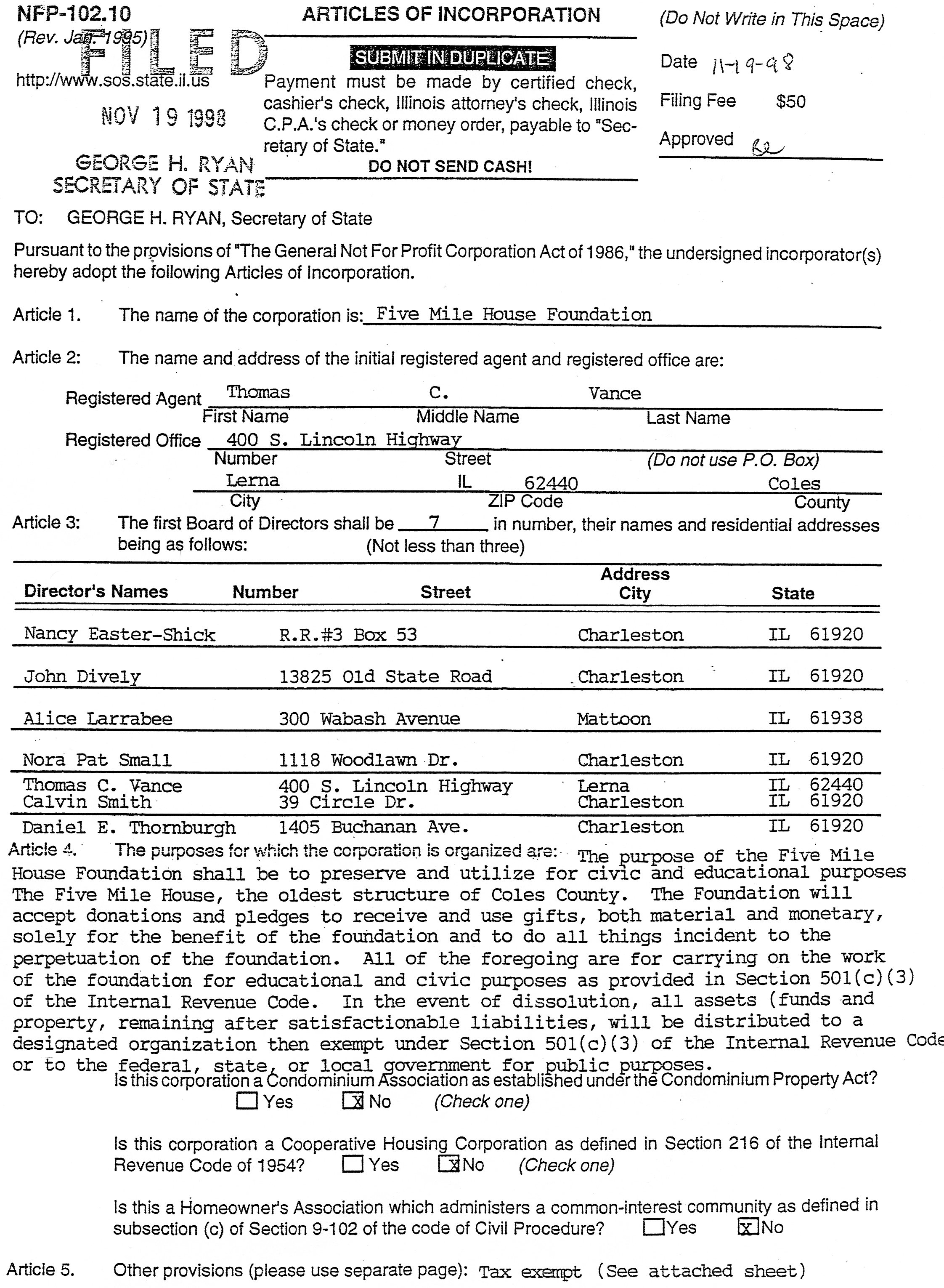 Articles of Incorporation — Five Mile House Articles of Incorporation — Five Mile House