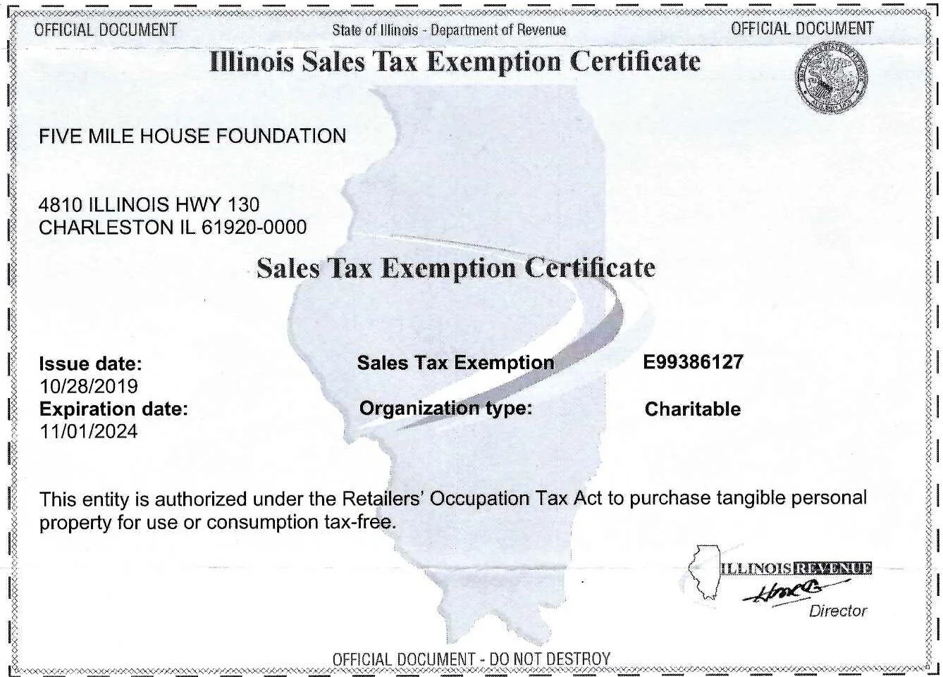 Illinois Tax Exempt Certificate Five Mile House Illinois Tax Exempt Certificate Five Mile House