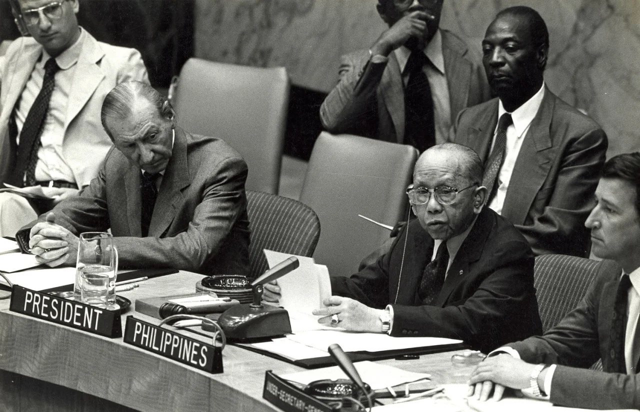 As president of the UN Security Council, Romulo addressed the meeting of July 30, 1980, with UN Secretary-General Kurt Waldheim looking on. Romulo headed up the Security Council four times, making him the only individual in history to have occupied the post for so many occasions.