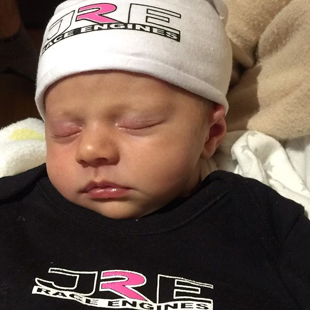 Introducing the latest member of the JRE family in her personalized team issued gear 🍼🍼😊😊 #JREraceengines #babygirl