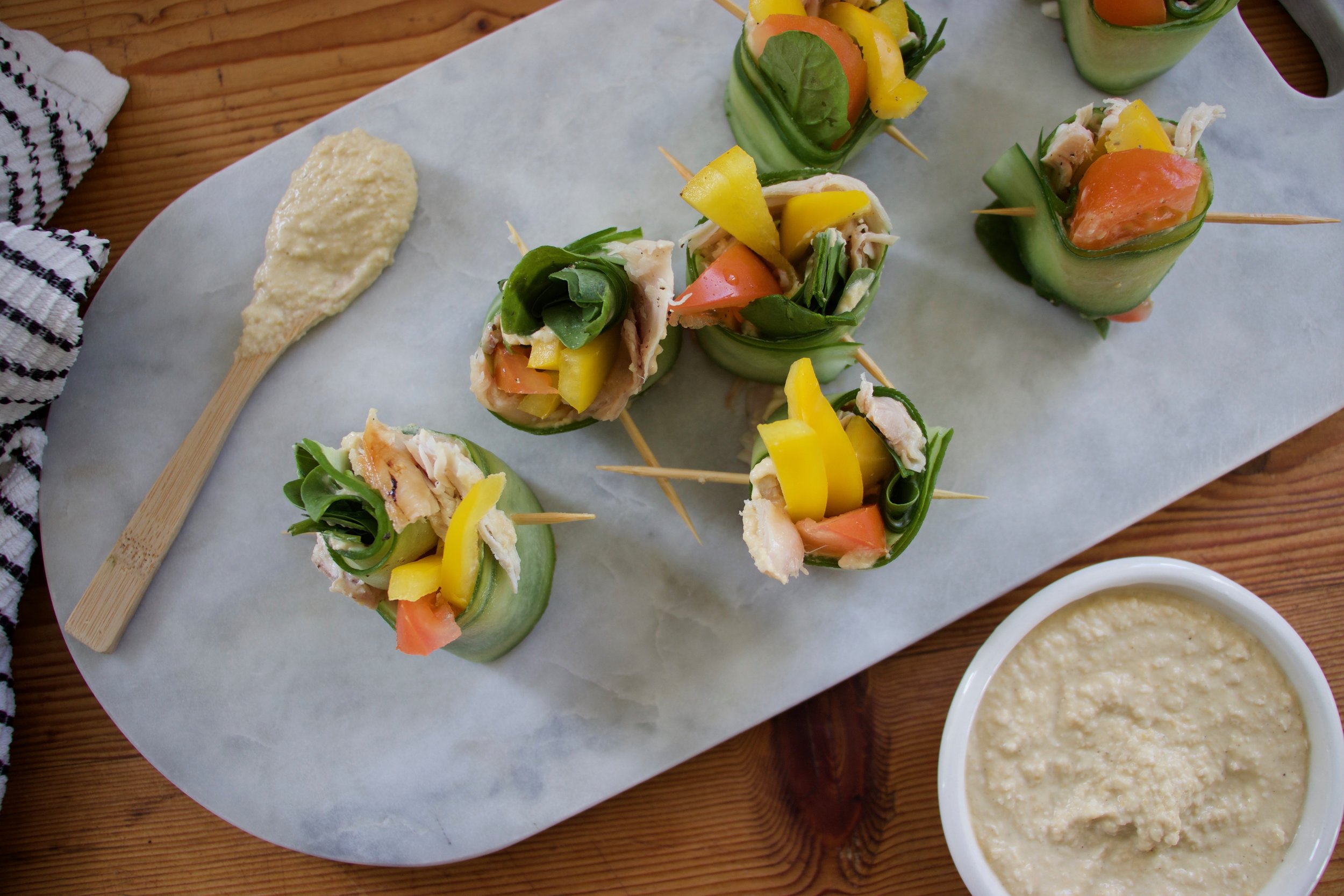 Low Carb Hummus and Chicken Cucumber Rolls