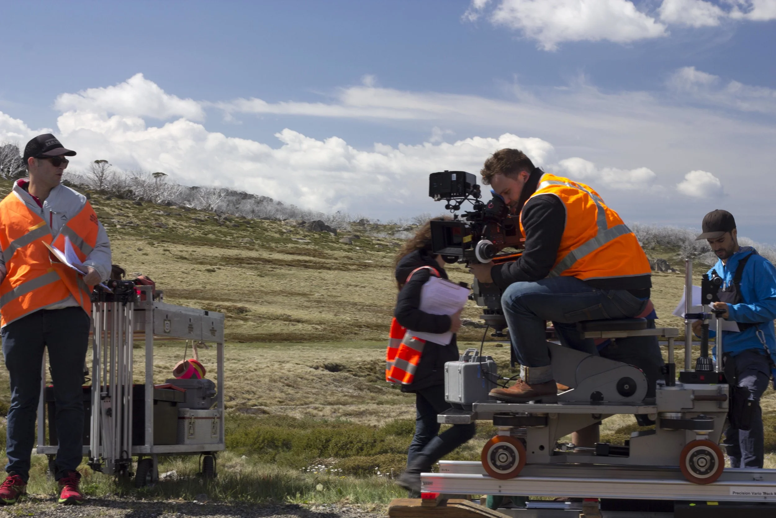 Vanessa Gazy and cinematographer Ed Goldner on the set of short film HIGHWAY.