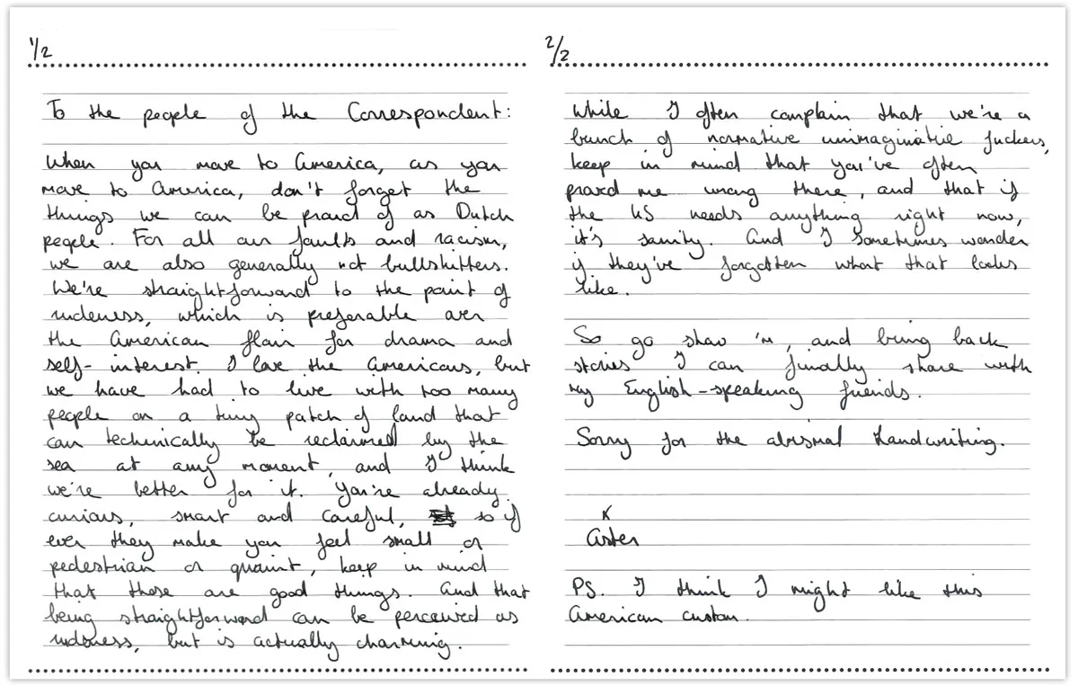 Member Aster Iris Fliers shared her thoughts with De Correspondent in the form of this letter to staff. You can read more about the note-writing research exercise in this post