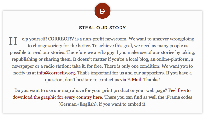 Correct!v’s note for publishers encourages media to share their investigative work.