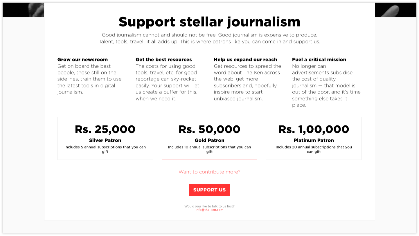 The Ken allows supporters to subscribe or    become patrons    by giving more generously.